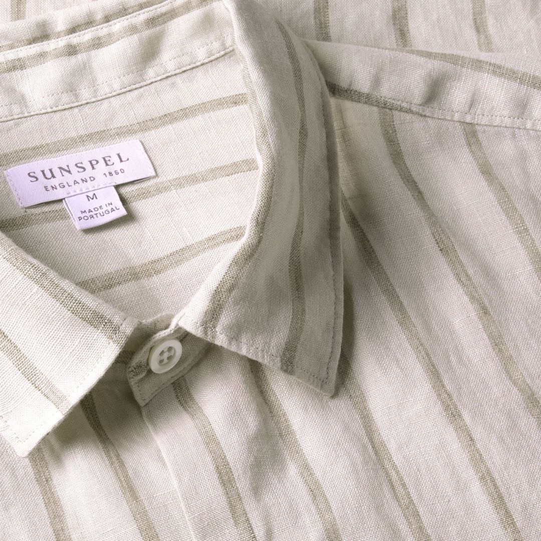 Ecru/Dune Wide Pinstripe Linen Short Sleeve Shirt for Men - Casual Summer Wear, Beach Outfits & Office Style