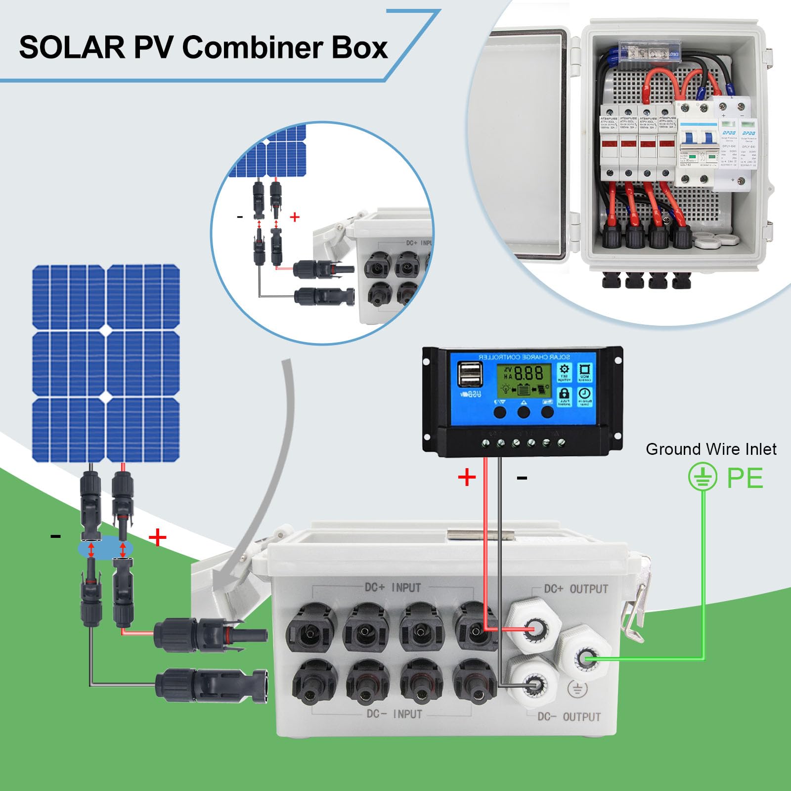 4 String Solar Combiner Box IP65 Waterproof - On/Off Grid Solar System with Lightning Arrester, 15A Fuse & 63A Circuit Breaker - Durable Plastic Enclosure for Home & Commercial Solar Panel Installations
