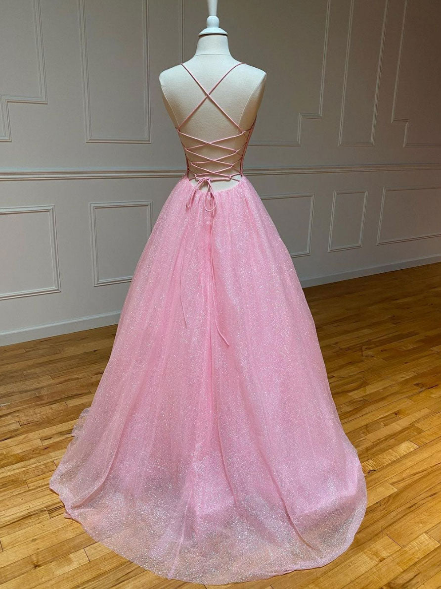 Elegant Pink V-Neck Long Prom Dress with Sequin & Tulle Details - A-Line Evening Gown for Homecoming, Formal Dances & Special Occasions