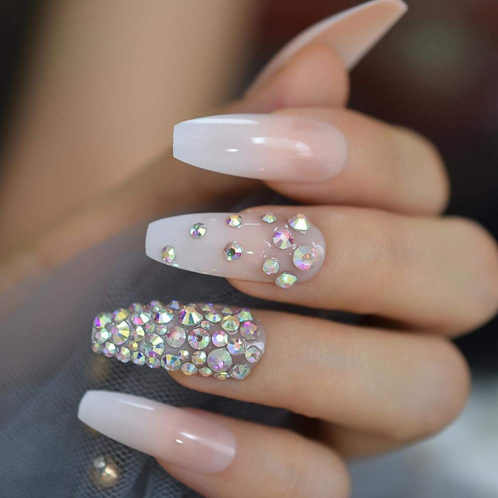 3D Stone Rhinestone Gradient Pink French Press-On Fake Nails - Extra Long Coffin Shape False Nails for Women, Natural Look for Parties, Weddings & Special Occasions