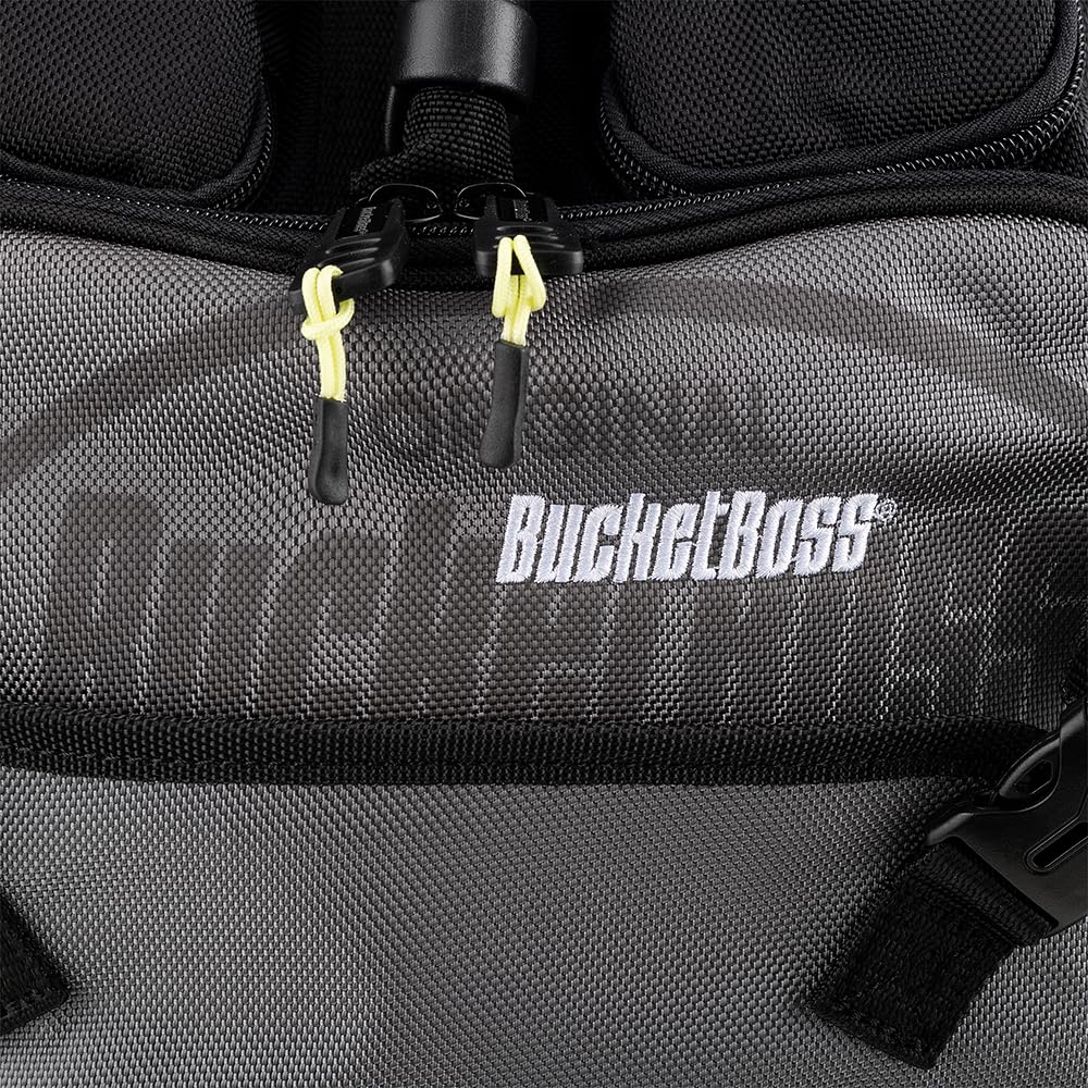 Bucket Boss High-Visibility Pro Tech Tool Pack - 32 Pockets, Waterproof Zipper & Molded Rubber Bottom, StayPut Handle Grips - Grey (65180-HV) - Perfect for Construction Workers, Electricians & DIY Home Improvement Projects