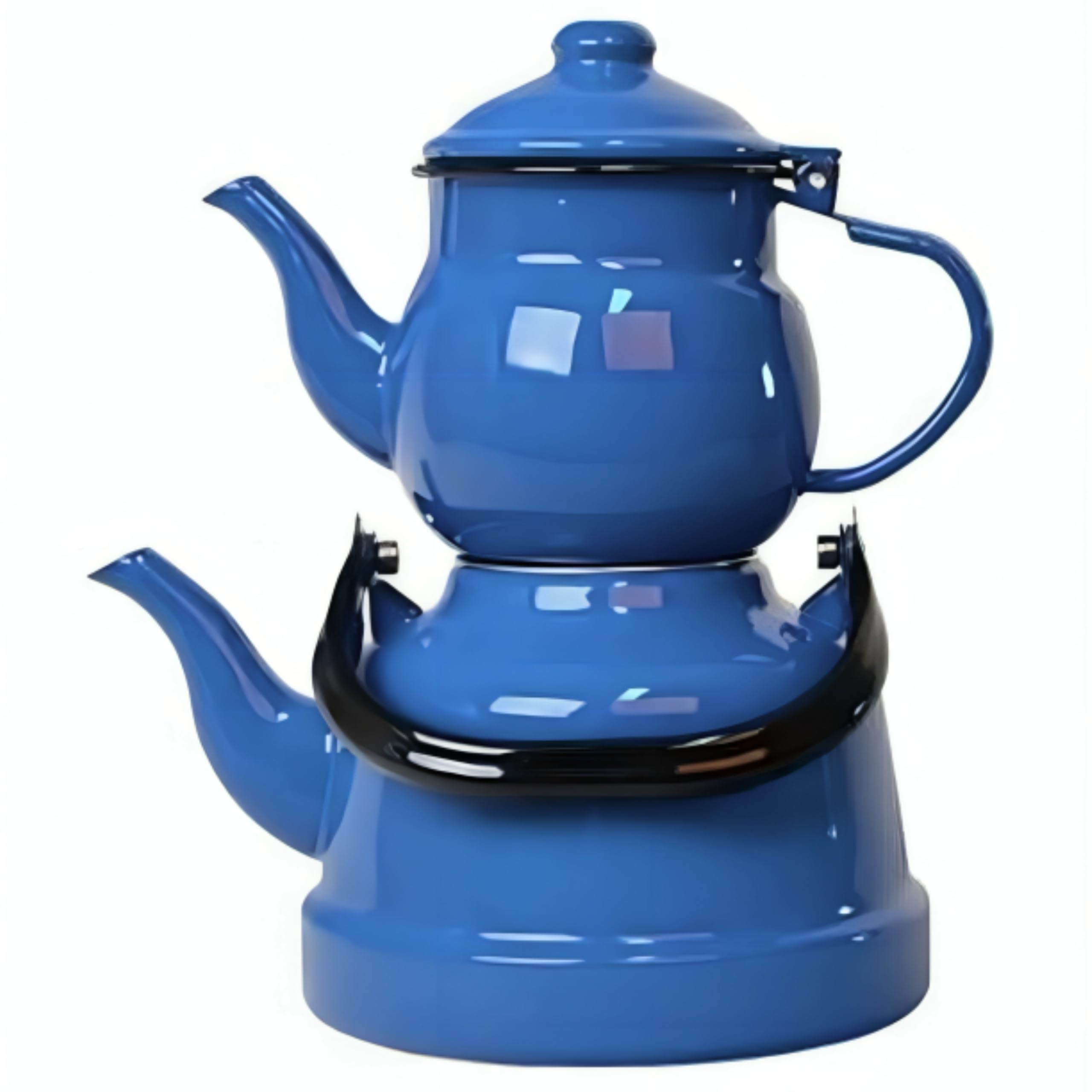 LaModaHome Retro Enamel Turkish Double Tea Pot Set - Vintage Copper & Ceramic Blue Tea Kettle for Kitchen, Dining Room | Perfect for Family Gatherings, Tea Parties & Hosting Guests | Elegant Home Decor & Gift Idea
