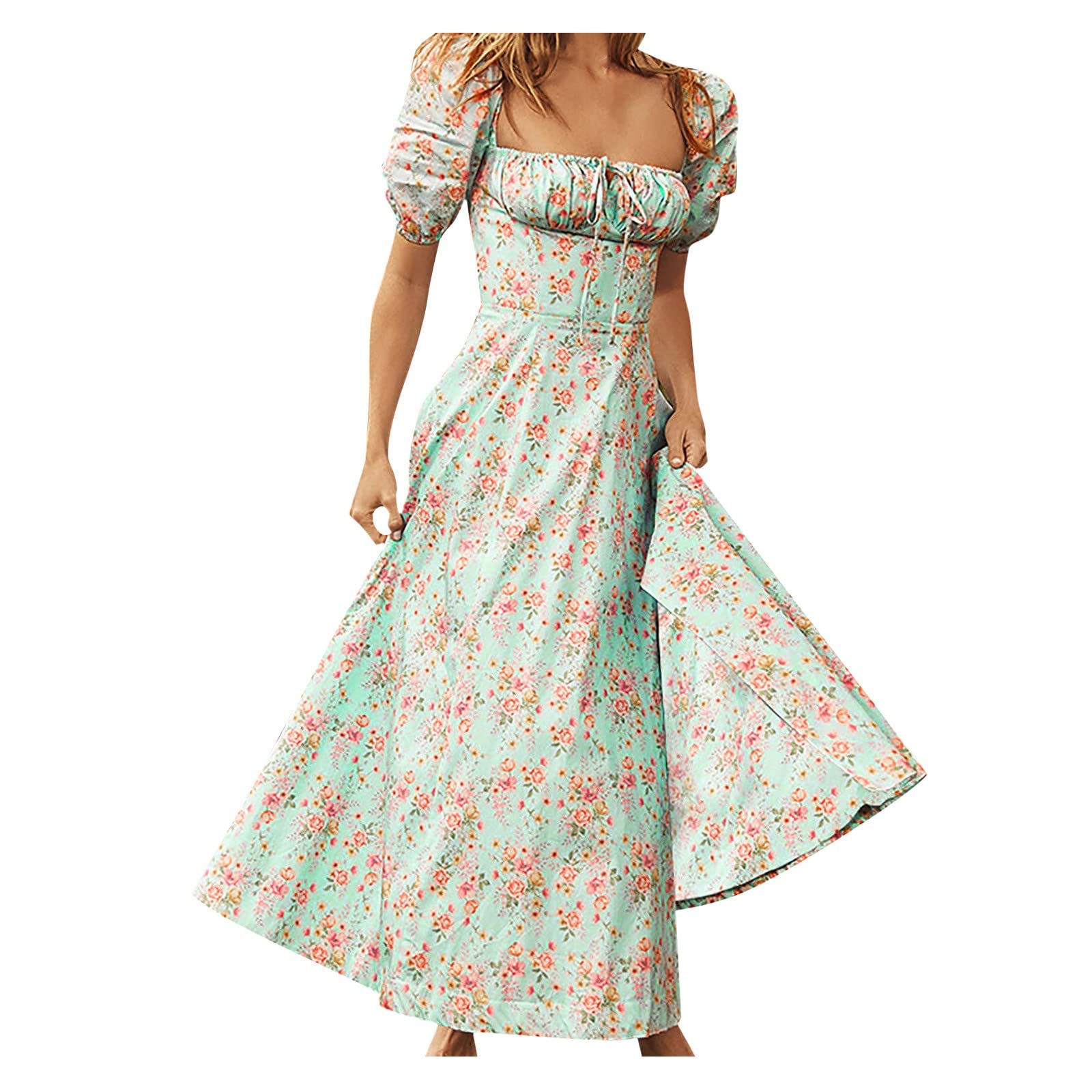 Women's Summer Casual Puff Sleeve Square Neck Midi Dress - Sexy High Slit Slim Fit for Beach, Party & Date Night