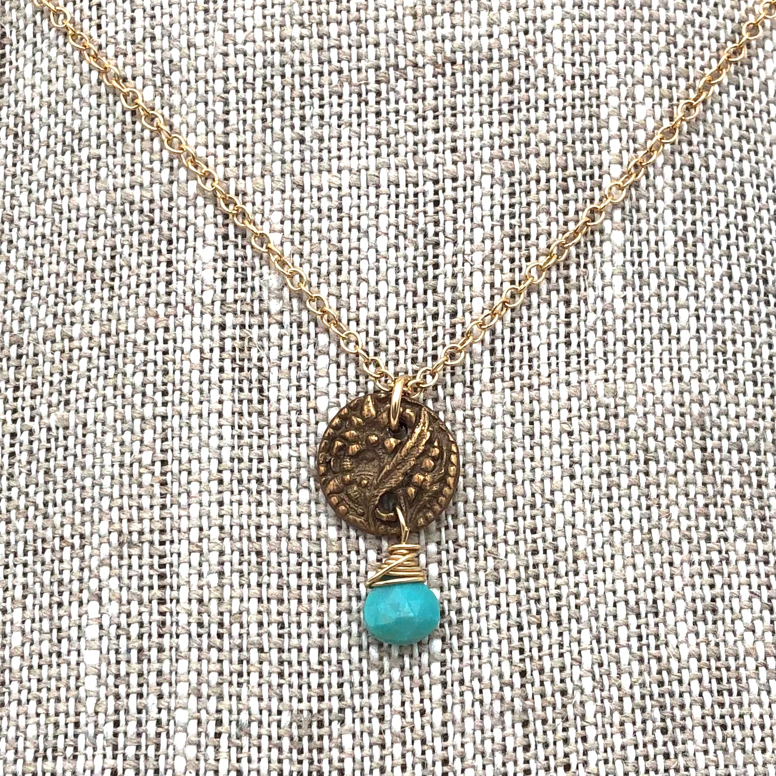 Angel Mercer Delicate Gold Chain Necklace - Vintage Button Pendant with Turquoise Gemstone | Elegant Jewelry for Women, Perfect Gift for Birthday, Anniversary & Special Occasions