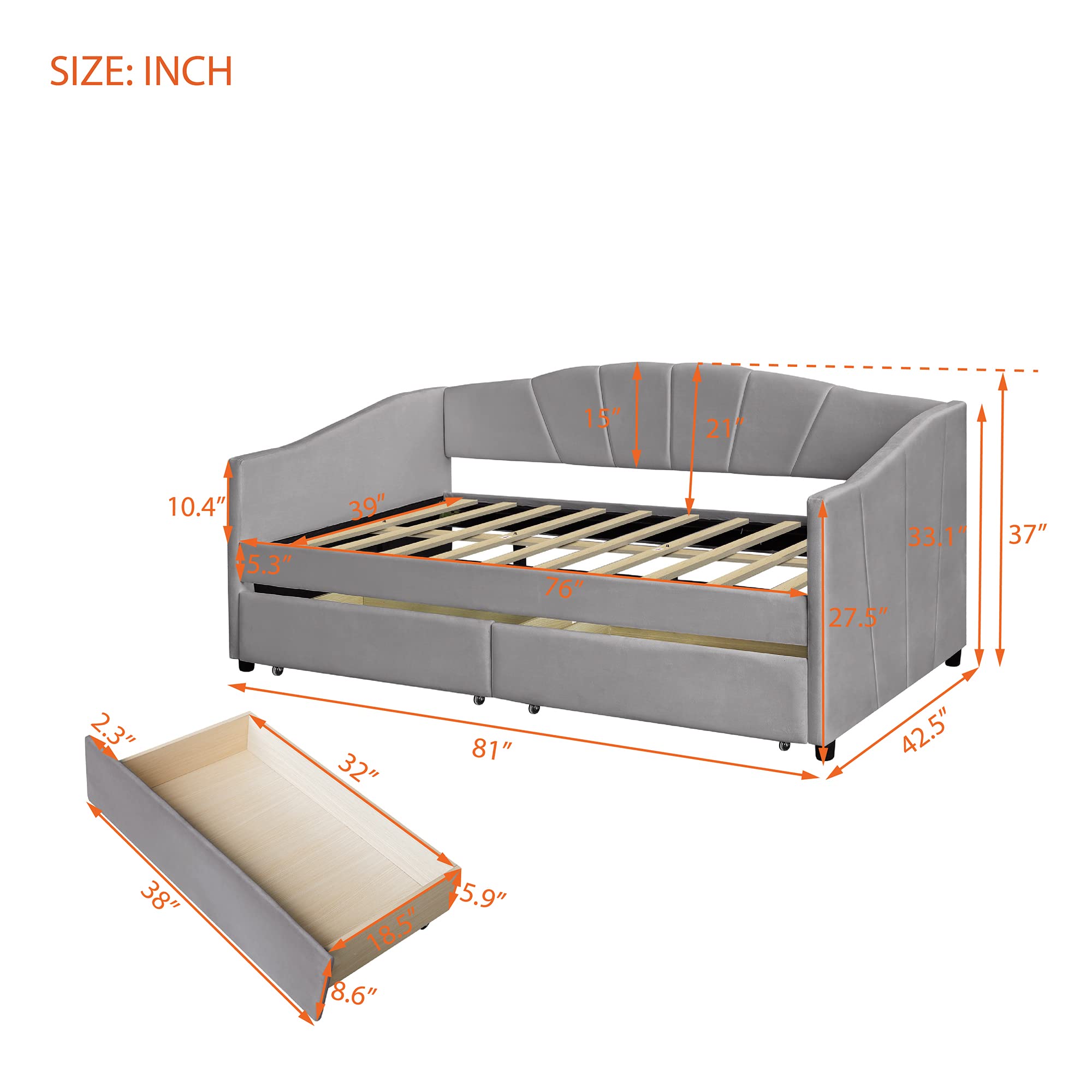 LZ LEISURE ZONE Queen Size Upholstered Daybed with 2 Drawers & Wood Slat Support - Gray Sofa Bed for Guest Room, Living Room or Home Office