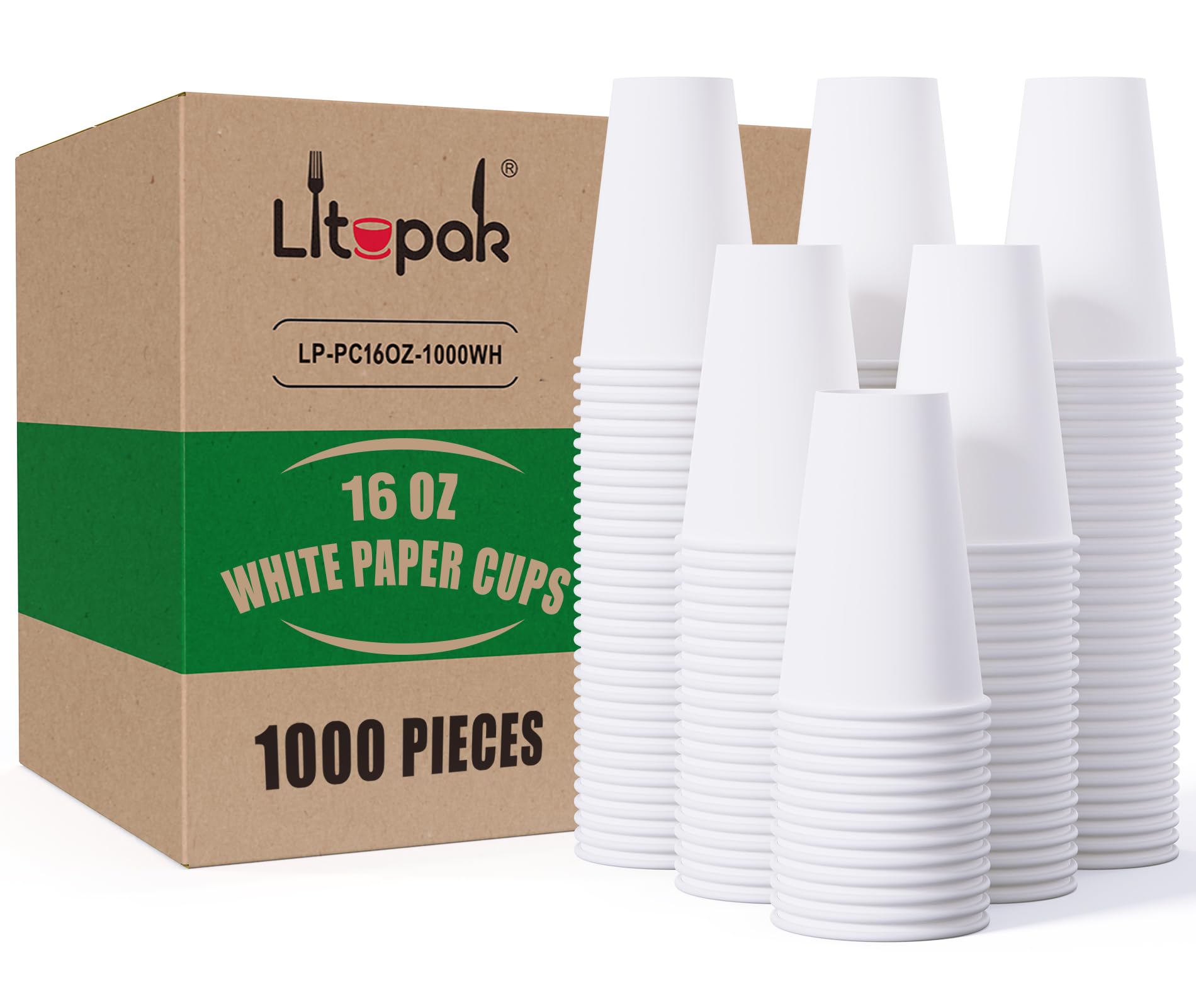 LITOPAK 1000 Pack 16 oz Disposable Paper Coffee Cups - White Hot Drink Cups for Office, School, Cafe & Restaurant Use - Perfect for Coffee, Tea & Hot Beverages