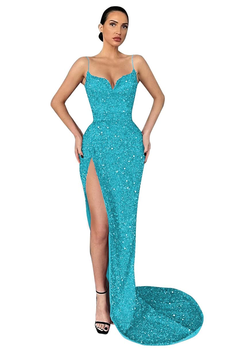Sparkling Sequin Mermaid Prom Dress for Women - V Neck Spaghetti Straps Backless Long Evening Gown with High Slit | Perfect for Wedding, Formal Events & Special Occasions