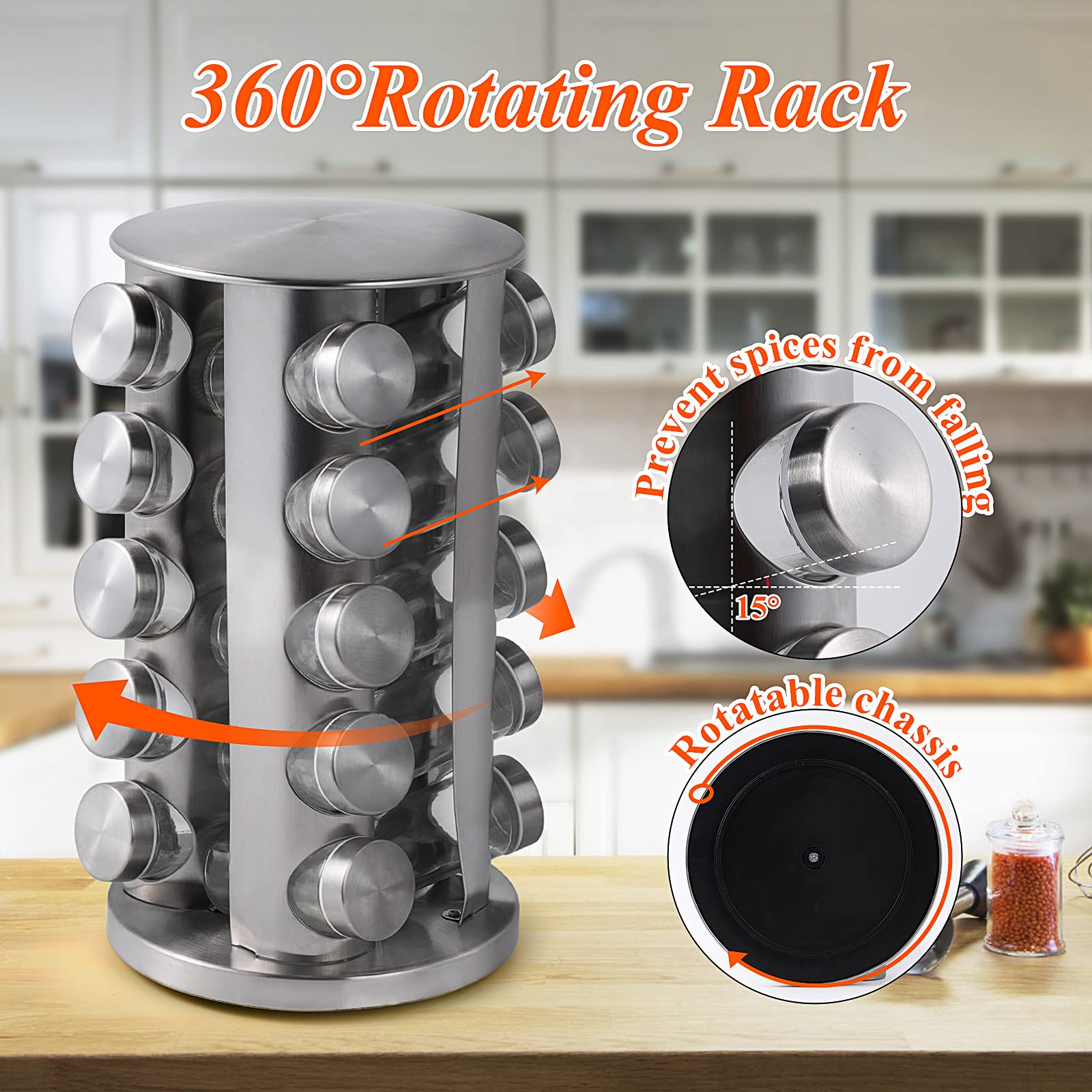 2-Tier Revolving Spice Rack Organizer with 20 Jars & Labels - 360° Rotating Stainless Steel Spice Carousel for Kitchen Countertop or Cabinet Storage - Perfect for Cooking, Baking & Organizing Spices