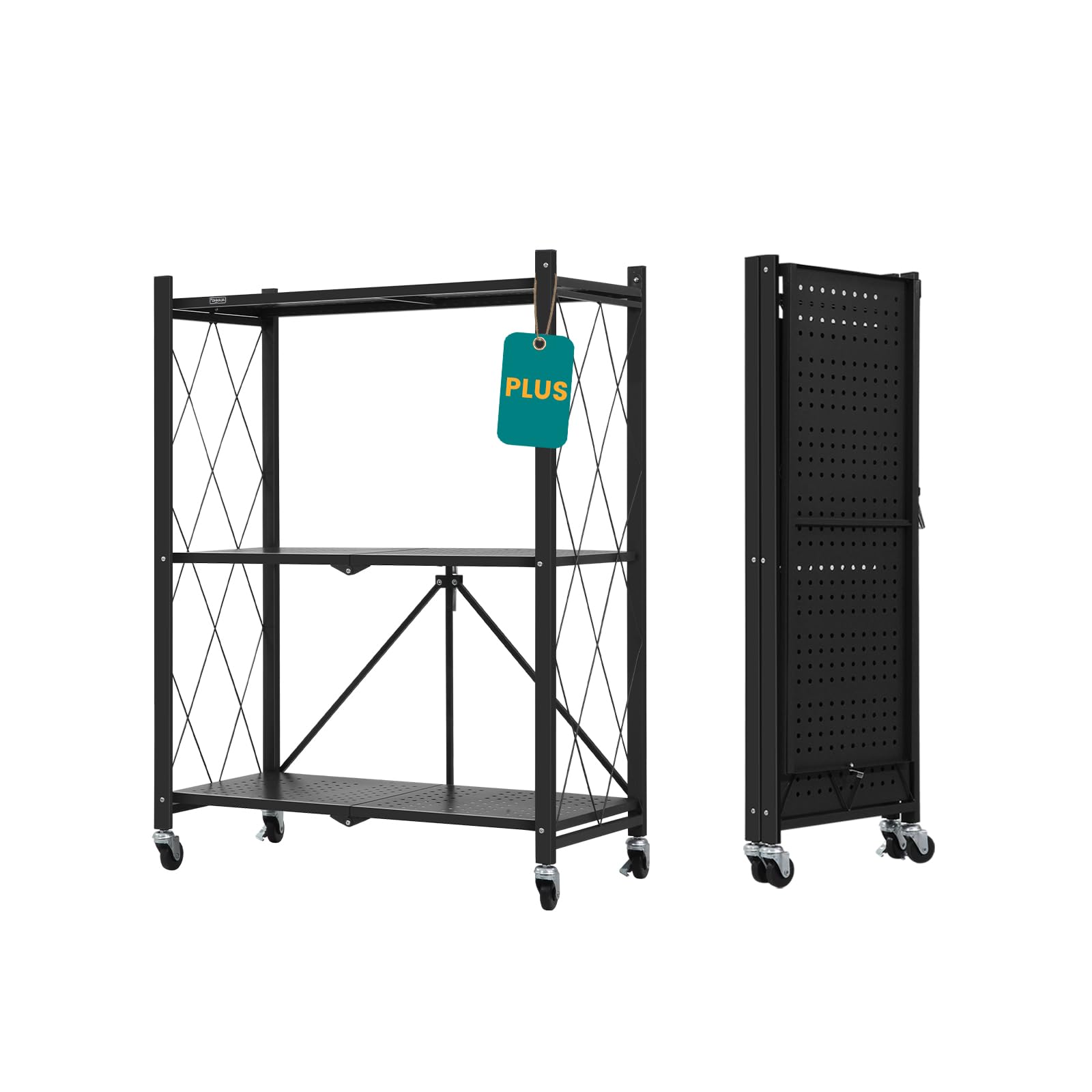 3-Tier Black Metal Storage Shelves with Wheels - No Assembly Bookshelf for Kitchen, Office, Laundry & Garage - Heavy Duty Rolling Utility Rack for Organizing Pantry, Closet, Workshop or Retail Space