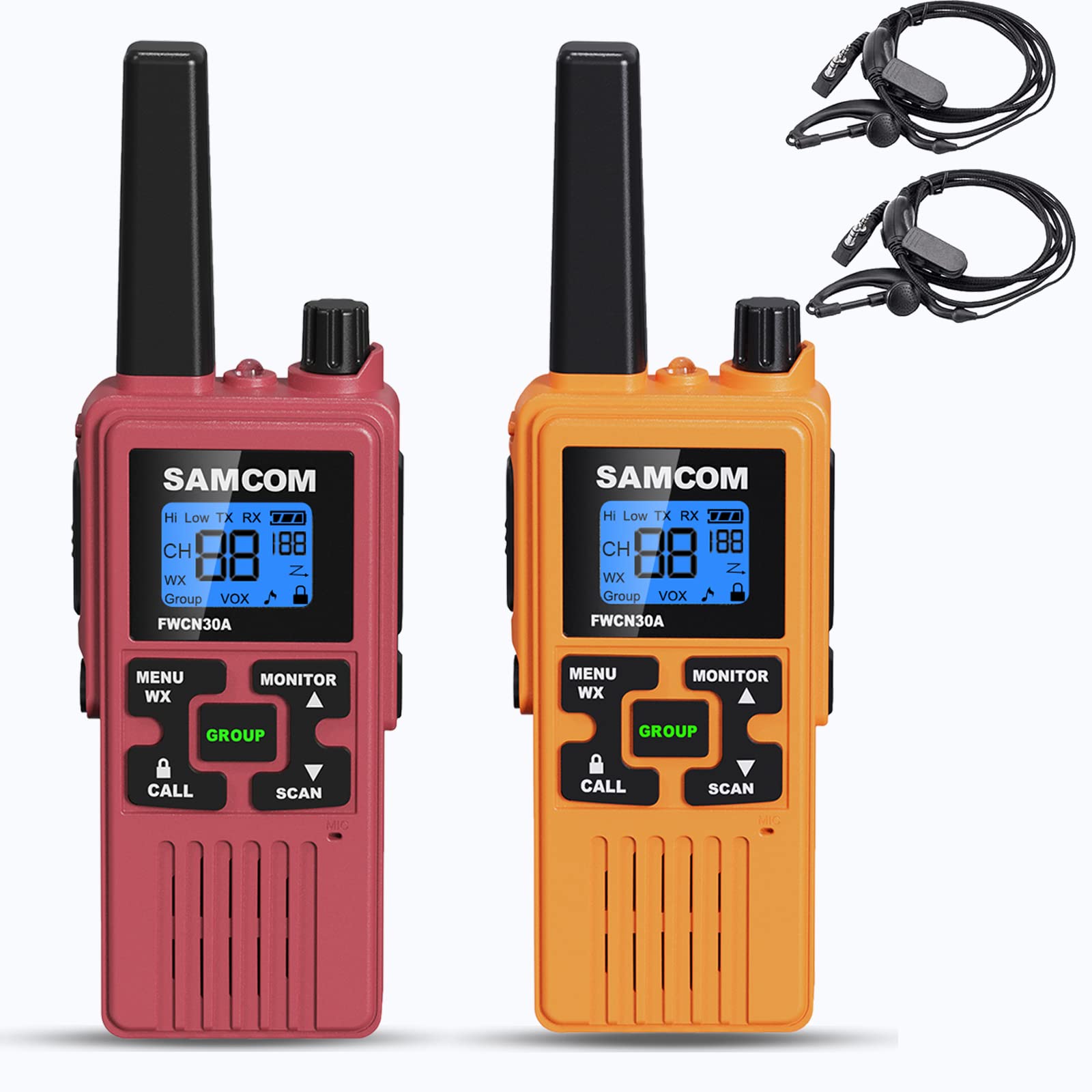 SAMCOM Long Range Walkie Talkies for Adults - 2 Pack FRS Two Way Radios with 22 Channels, 1250mAh USB Rechargeable Battery, NOAA Weather Alerts & Group Talk Feature (Red & Yellow) - Ideal for Outdoor Adventures, Construction Sites, and Emergency Communication