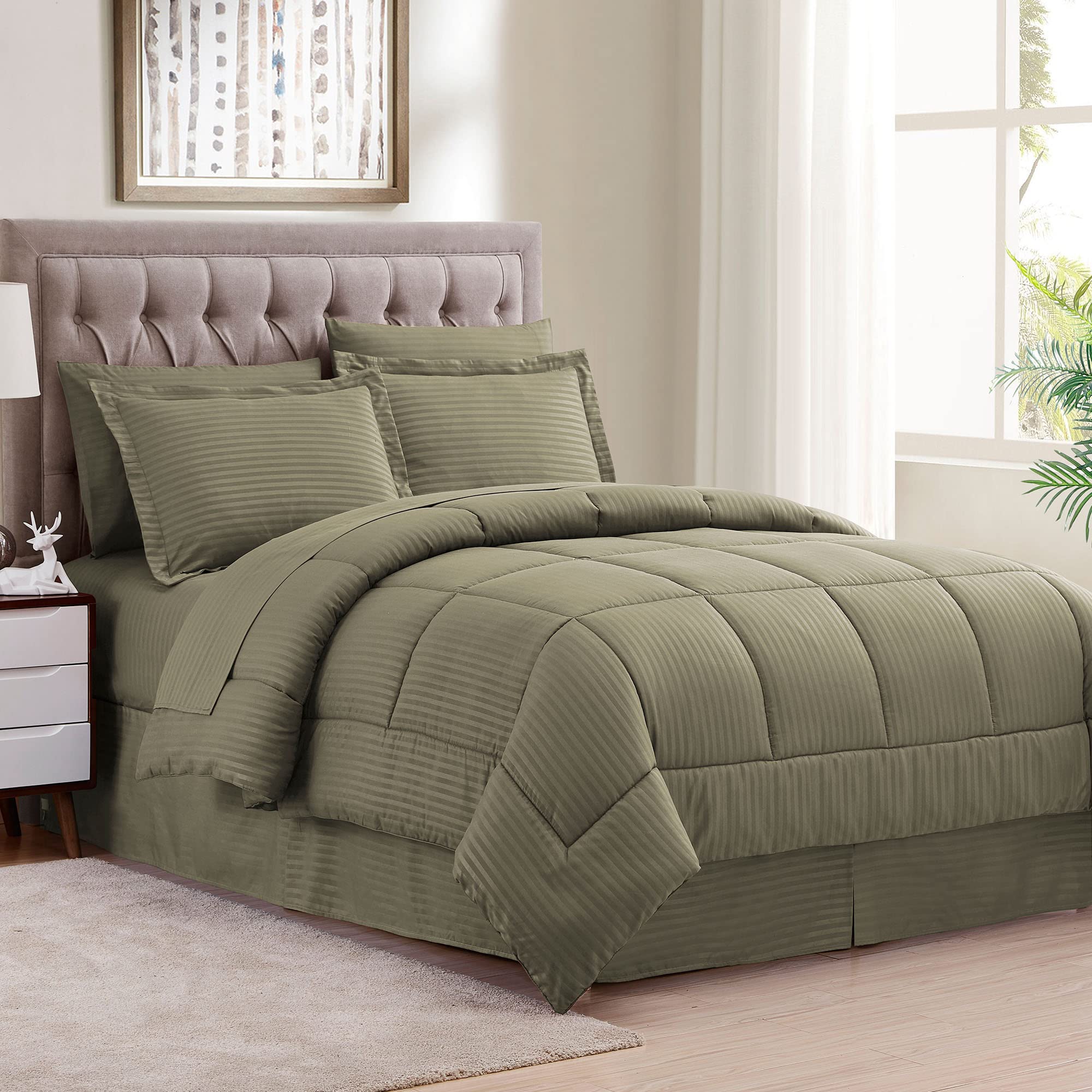 8-Piece Queen Comforter Set - Bed in a Bag with Bed Skirt, Fitted Sheet, Flat Sheet, 2 Pillowcases & 2 Shams - Dobby Sage Green Luxury Bedding - Perfect for Master Bedroom, Guest Room & Dorm Decor