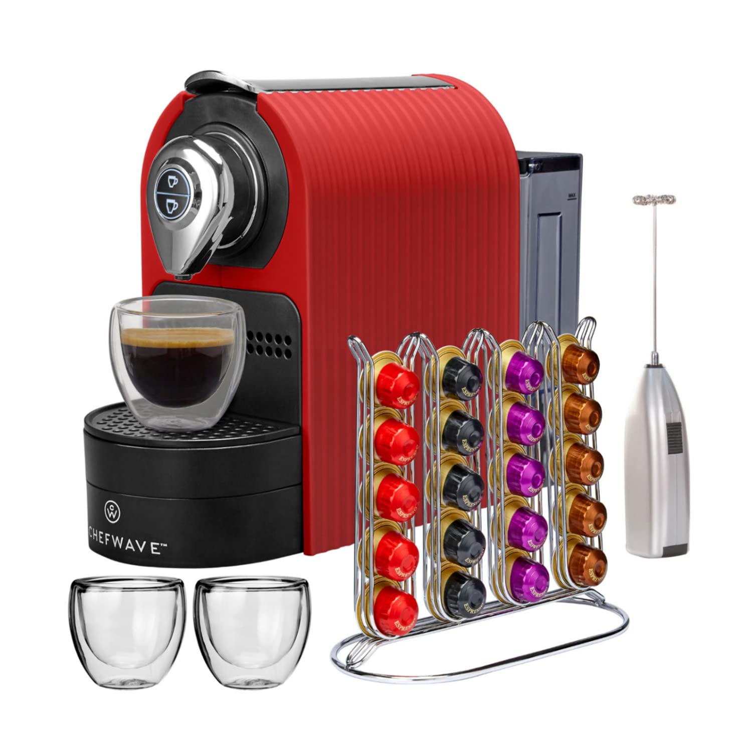 ChefWave Espresso Machine for Nespresso Compatible Capsules (Red) with Capsule Holder, 2 Glass Cups & Handheld Milk Frother - Perfect for Home Baristas & Coffee Lovers