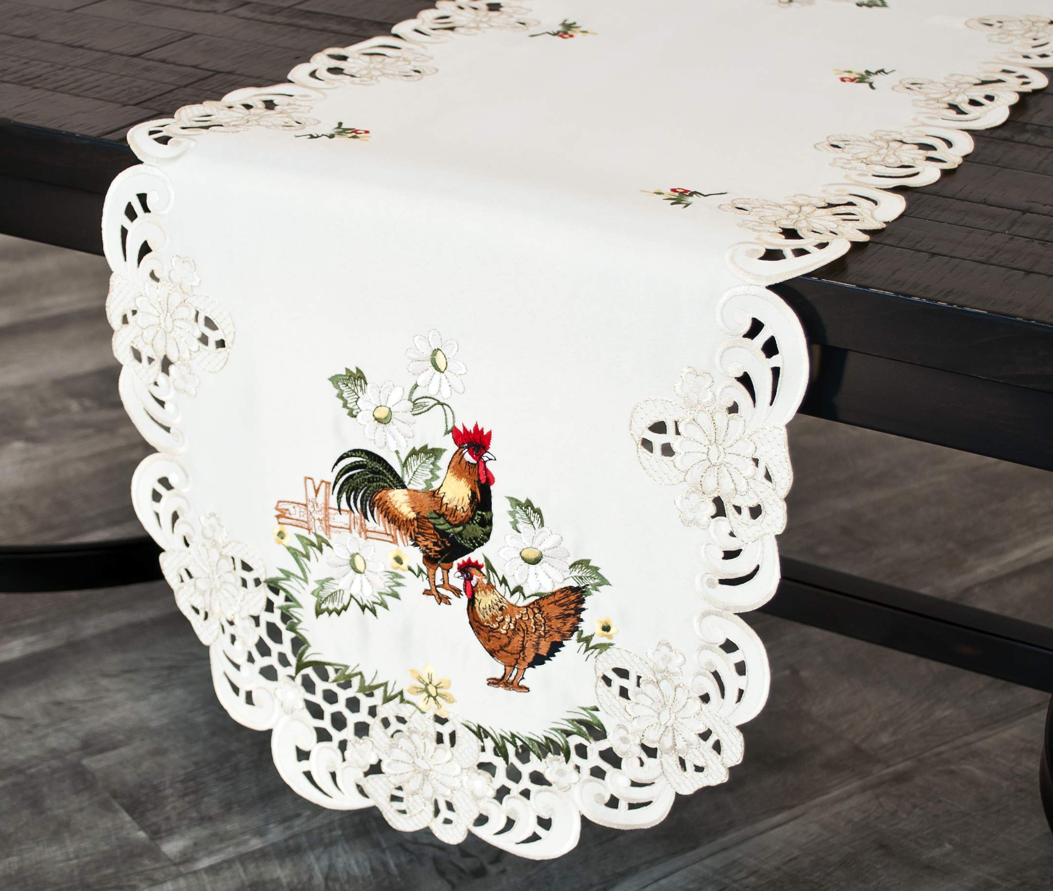 Embroidered Rooster Farmhouse Table Runner - Country Chic Lace Decor for Dining Table, Coffee Table or Dresser (15x54 Inches) - Perfect for Rustic Home Decor, Kitchen Decor and Farmhouse Style Weddings
