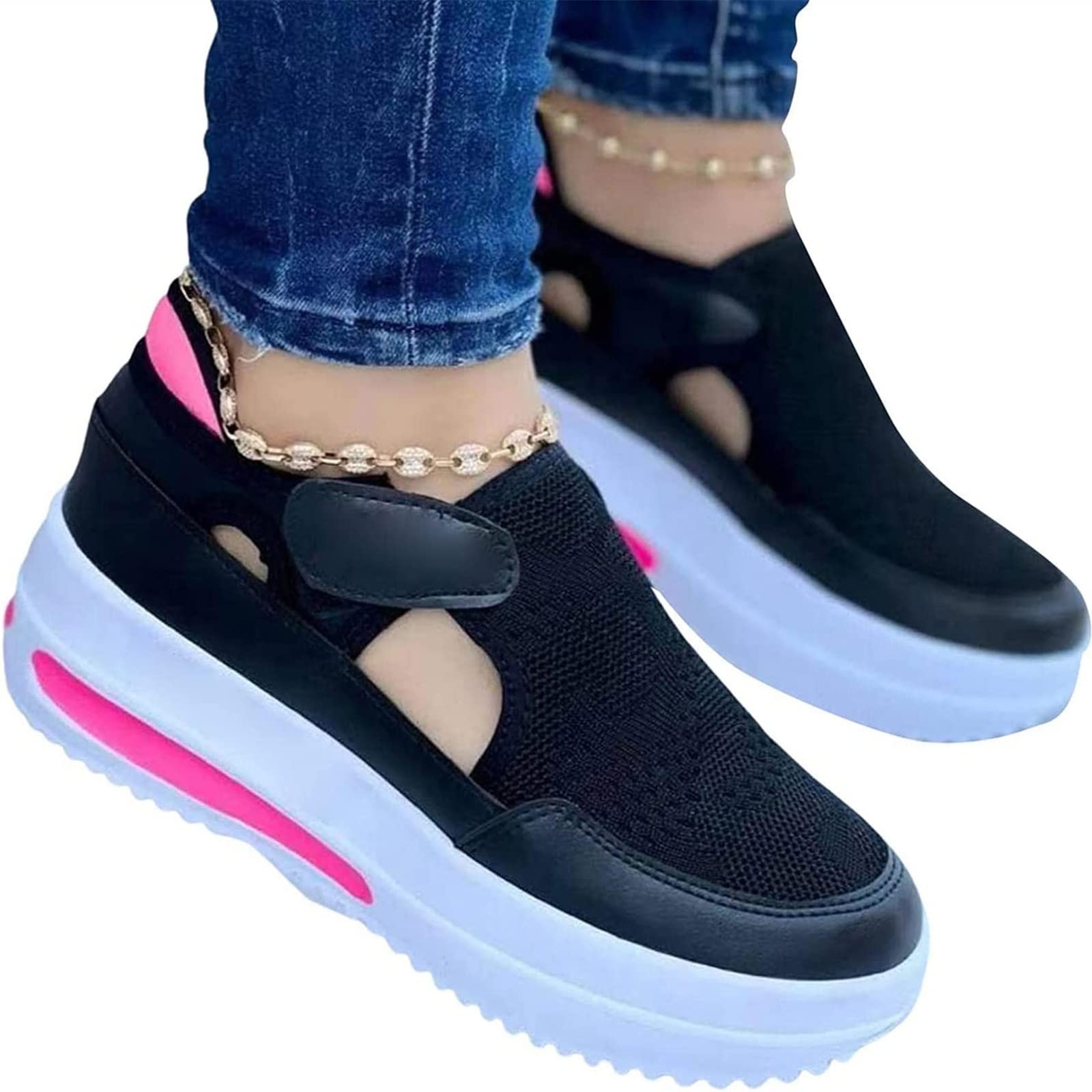 Women's Breathable Casual Sneakers - Lightweight Sport Shoes with Velcro & Mesh for Walking, Running & Outdoor Activities (Black, Size 36)
