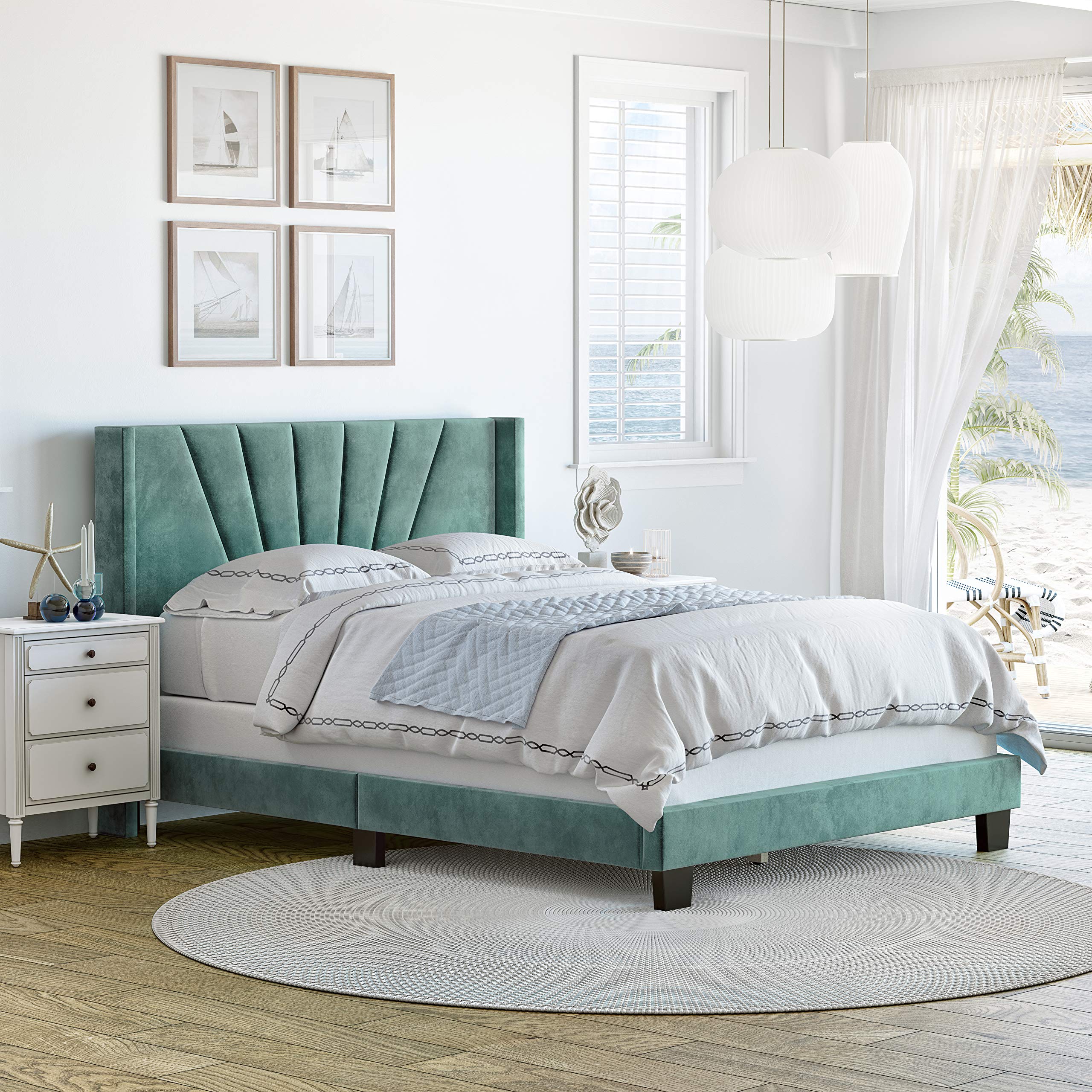 Boyd Sleep Valencia Upholstered Platform Bed Frame with Headboard - Queen Size, Velour Fabric, Aqua Color, Sturdy Wood Slat Support - Perfect for Modern Bedrooms, Guest Rooms & Small Spaces (VLAQ960QN)