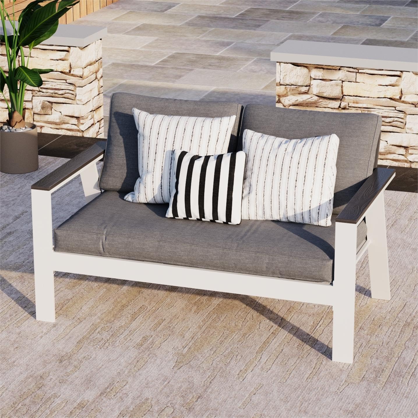 Solaste Aluminum Patio Loveseat - Modern Outdoor Metal Deep Seating Sofa with Wood Accent Armrests, Angled Backrest & Water-Resistant Cushions - White - Perfect for Garden, Deck, Poolside & Patio Relaxation