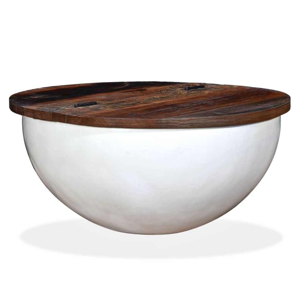 CHARMMA Solid Reclaimed Wood Coffee Table - White Bowl Shape Design for Living Room, Lounge & Modern Home Decor