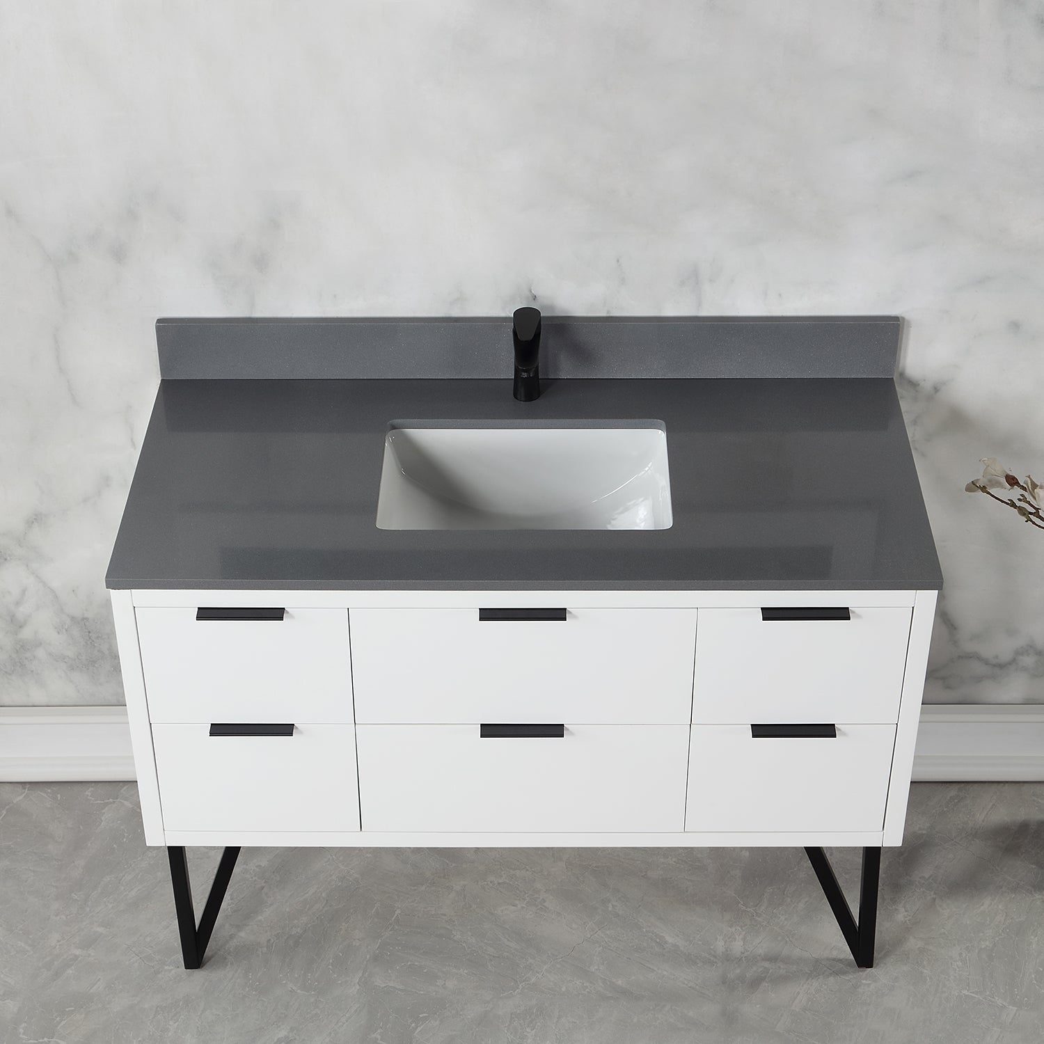 Helios 48 Inch Single Bathroom Vanity Set with Concrete Gray Stone Countertop - Modern Sink Cabinet for Small Bathrooms & Powder Rooms