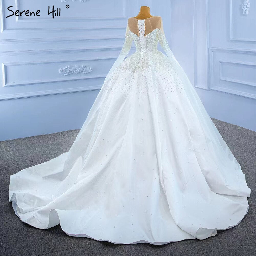 Serene Hill 2025 Muslim White Satin Wedding Dress with Beaded Pearl Details | High-End Custom Bridal Gown HM67279 | Perfect for Islamic Nikah Ceremony, Modest Bridal Fashion, and Luxury Wedding Occasions