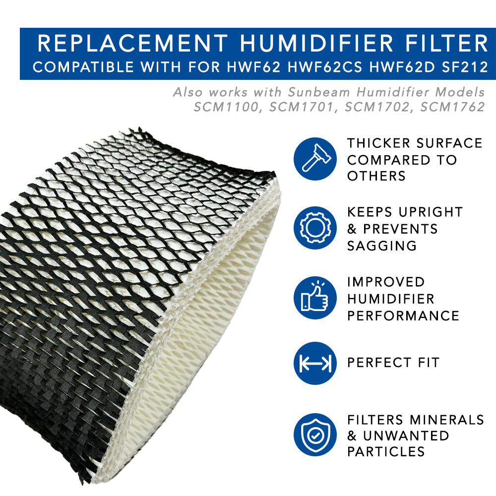 Replacement Humidifier Filter HWF62 - Compatible with Holmes HWF62, HWF62CS, HWF62D, SF212 & Sunbeam SCM1100, SCM1701, SCM1702, SCM1762 - Perfect for Dry Air Relief in Bedroom, Office, Nursery