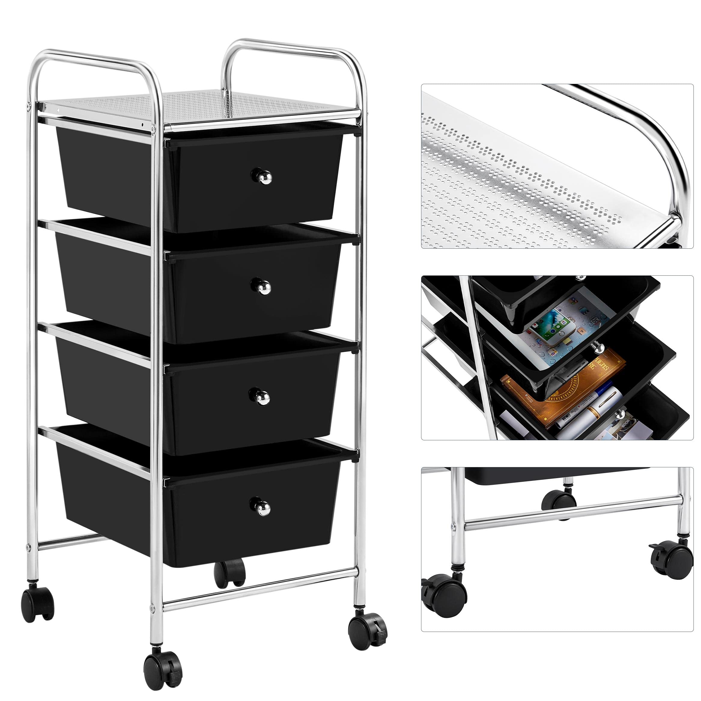 Topeakmart 4-Tier Rolling Storage Cart with Removable Drawers - Plastic Mobile Organizer Utility Cart with 360° Swivel Castor Wheels - Perfect for Craft Room, Kitchen, Office, Bathroom & Garage Storage - Black