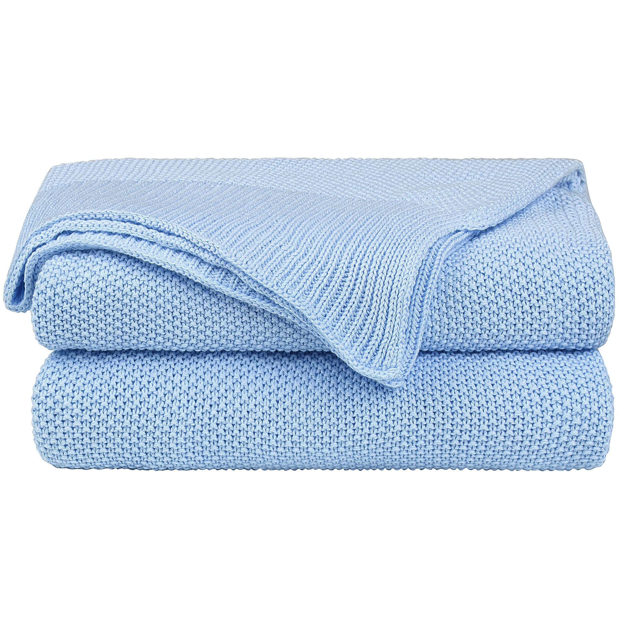 PiccoCasa 100% Cotton Knit Throw Blanket - Ultra Soft Lightweight Decorative Sofa Blanket for Living Room, Bed, Office - Pale Blue 50