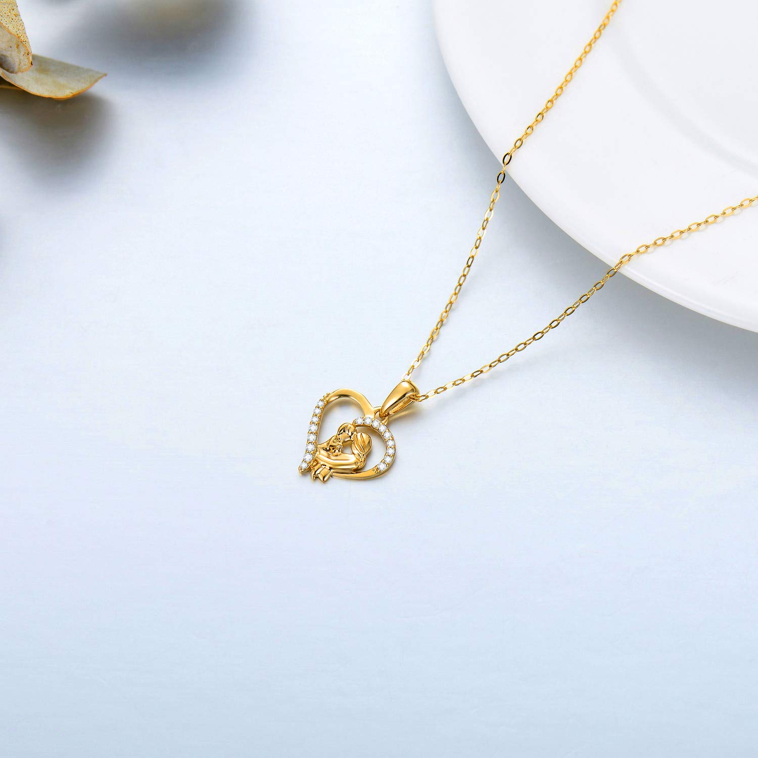 14K Solid Gold Love Heart Pendant Necklace for Women - Mother Daughter Matching Jewelry - 18