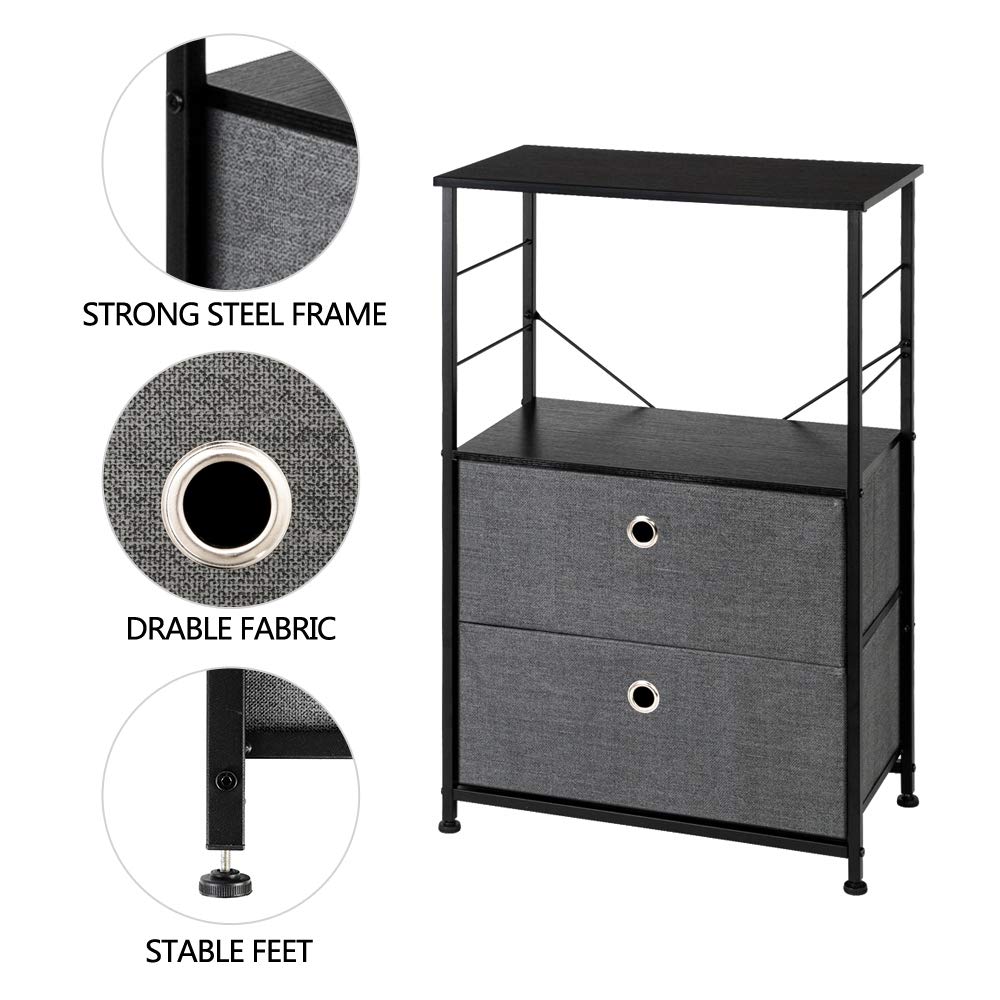 2-Drawer Nightstand with Shelf Storage - Modern Bedside Table for Bedroom, Office & Dorm | Steel Frame & Wood Top with Easy-Pull Fabric Bins | Space-Saving Home Decor for Small Spaces (Grey)