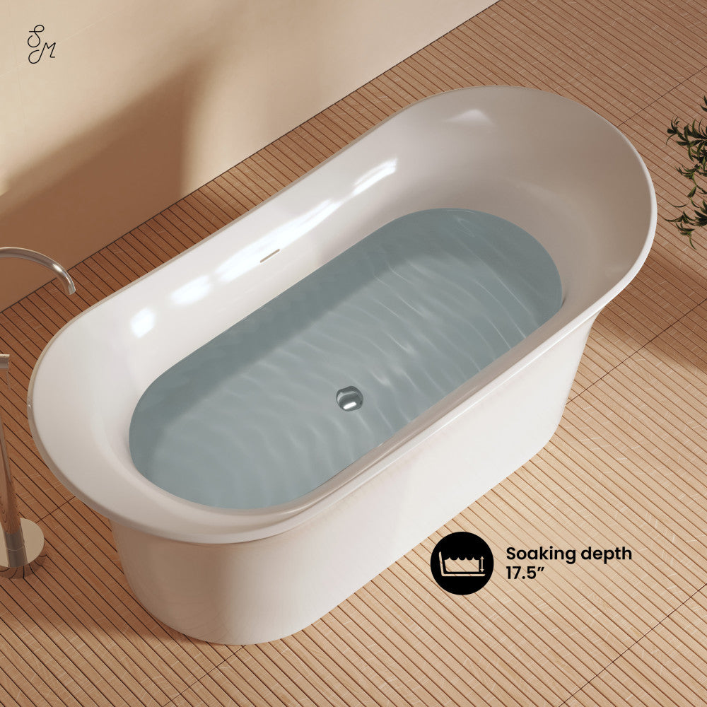 Glossy White Cascade 66 Double Slipper Soaking Freestanding Bathtub with Drain - Perfect for Luxury Bathrooms & Spa-Like Relaxation at Home