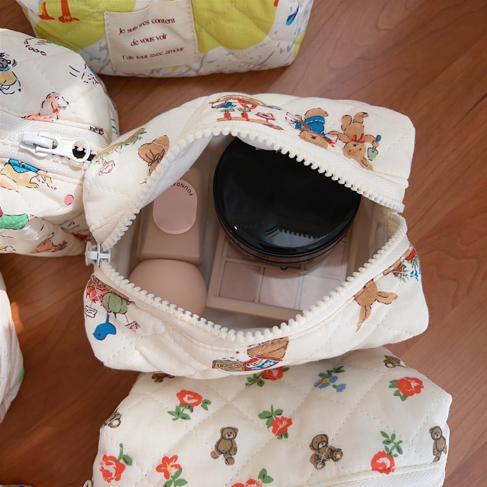 Mini Quilted Cotton Makeup Bag with Cute Animal Print - Large Capacity Cosmetic & Toiletry Organizer for Women & Girls (Mini Puppy Design) - Perfect for Travel, Gym, and Daily Essentials Storage