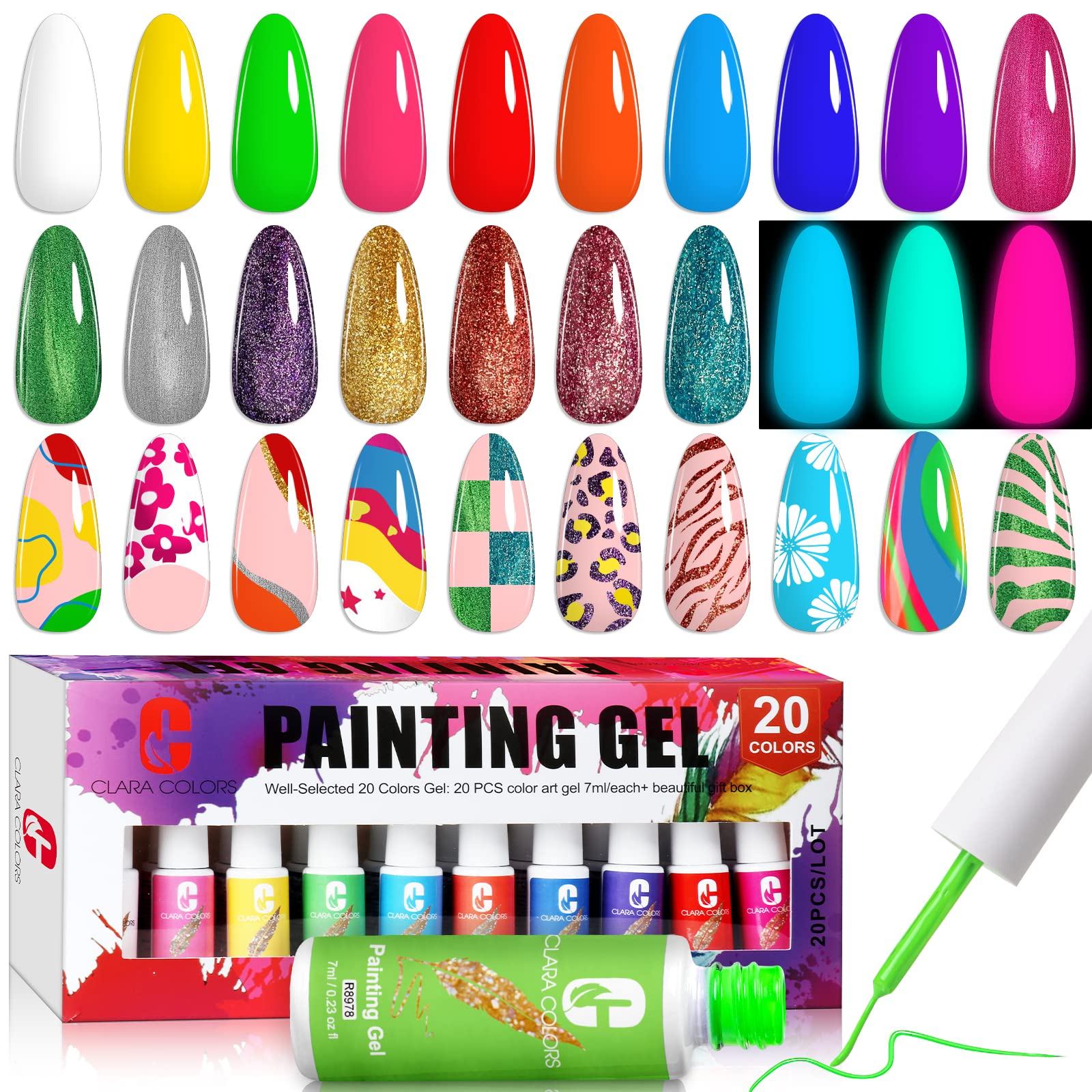 Clara Colors 20-Piece Gel Nail Polish Set with Built-in Brush - UV LED Soak Off Nail Art Kit for French Tips & Swirl Designs | Perfect for Salon, Home Manicures & DIY Nail Art