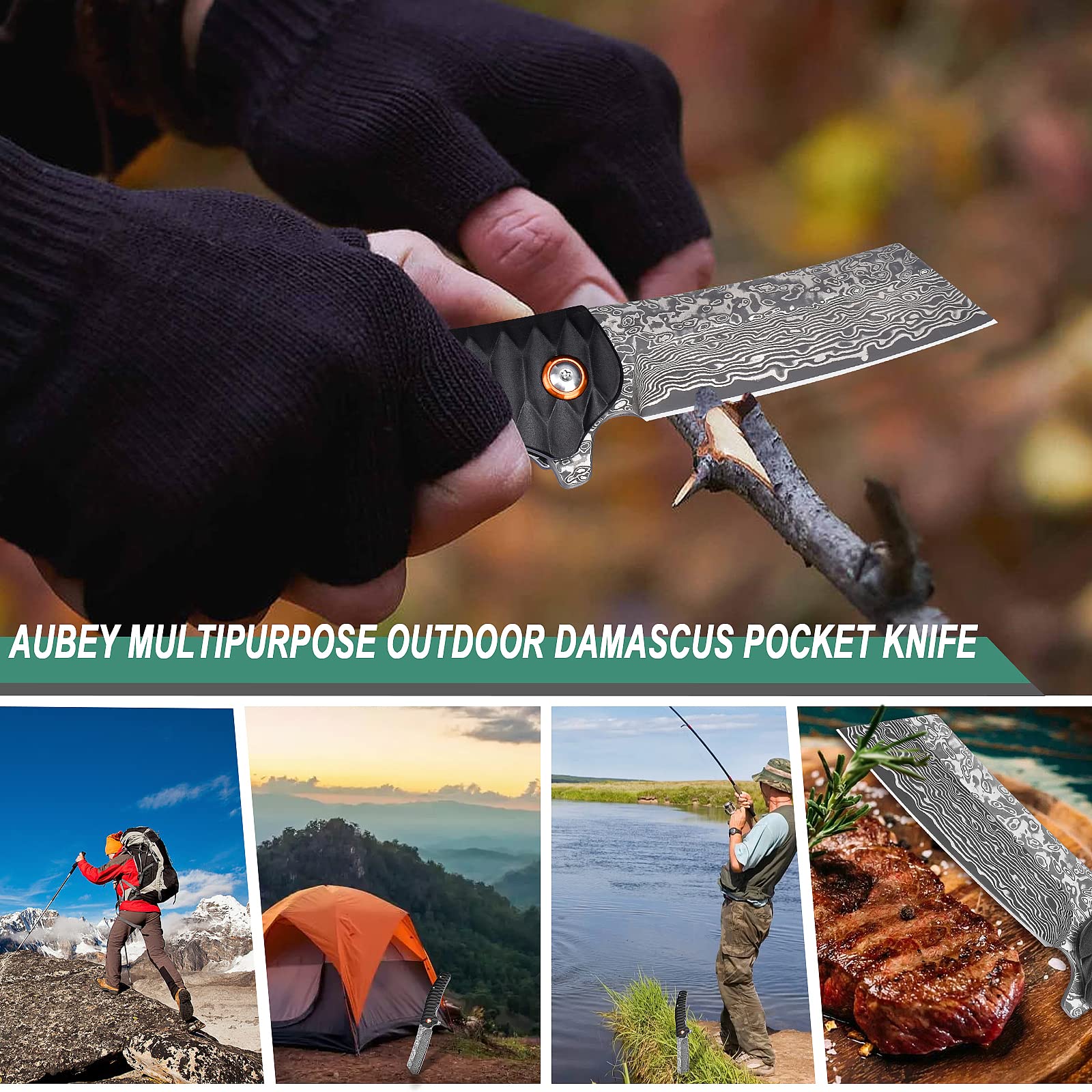 AUBEY Damascus Pocket Knife - 3.34