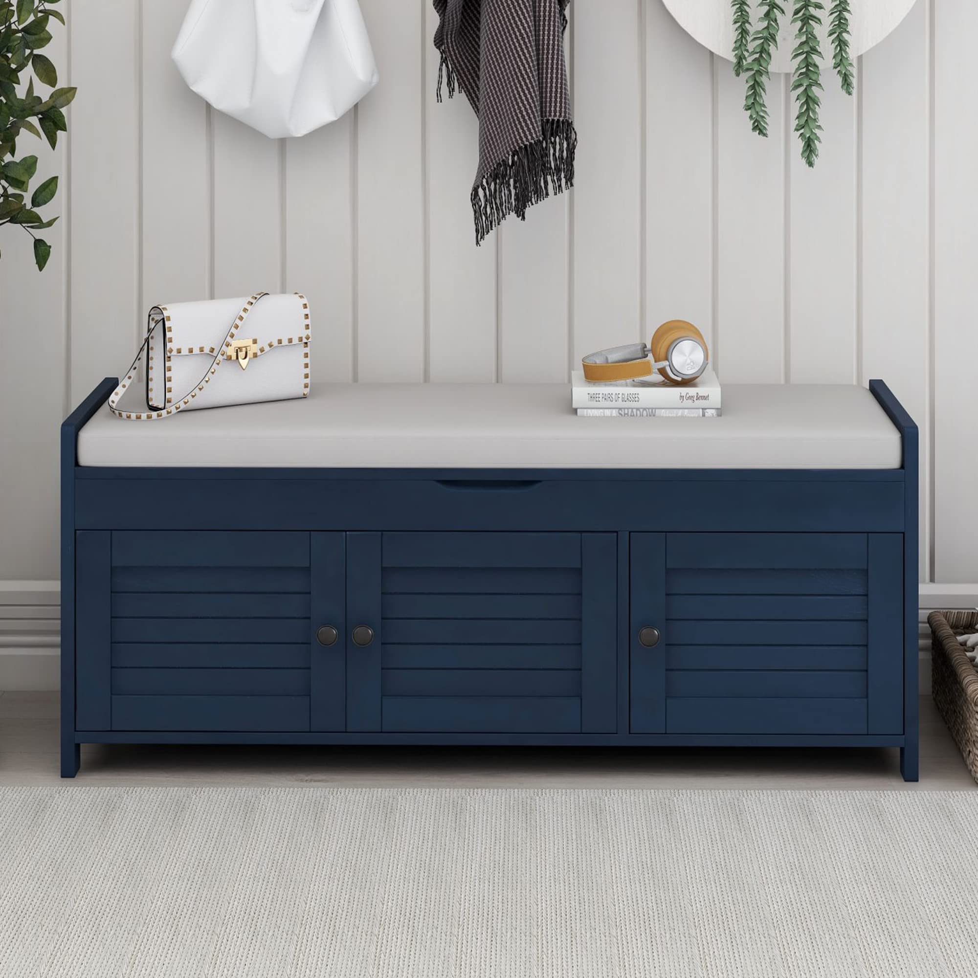 P PURLOVE Storage Bench with Removable Cushion - 3 Shutter Doors & Hidden Storage Space - Entryway Bench for Living Room, Hallway & Bedroom - Antique Navy - Perfect for Entryway Organization, Shoe Storage & Home Decor