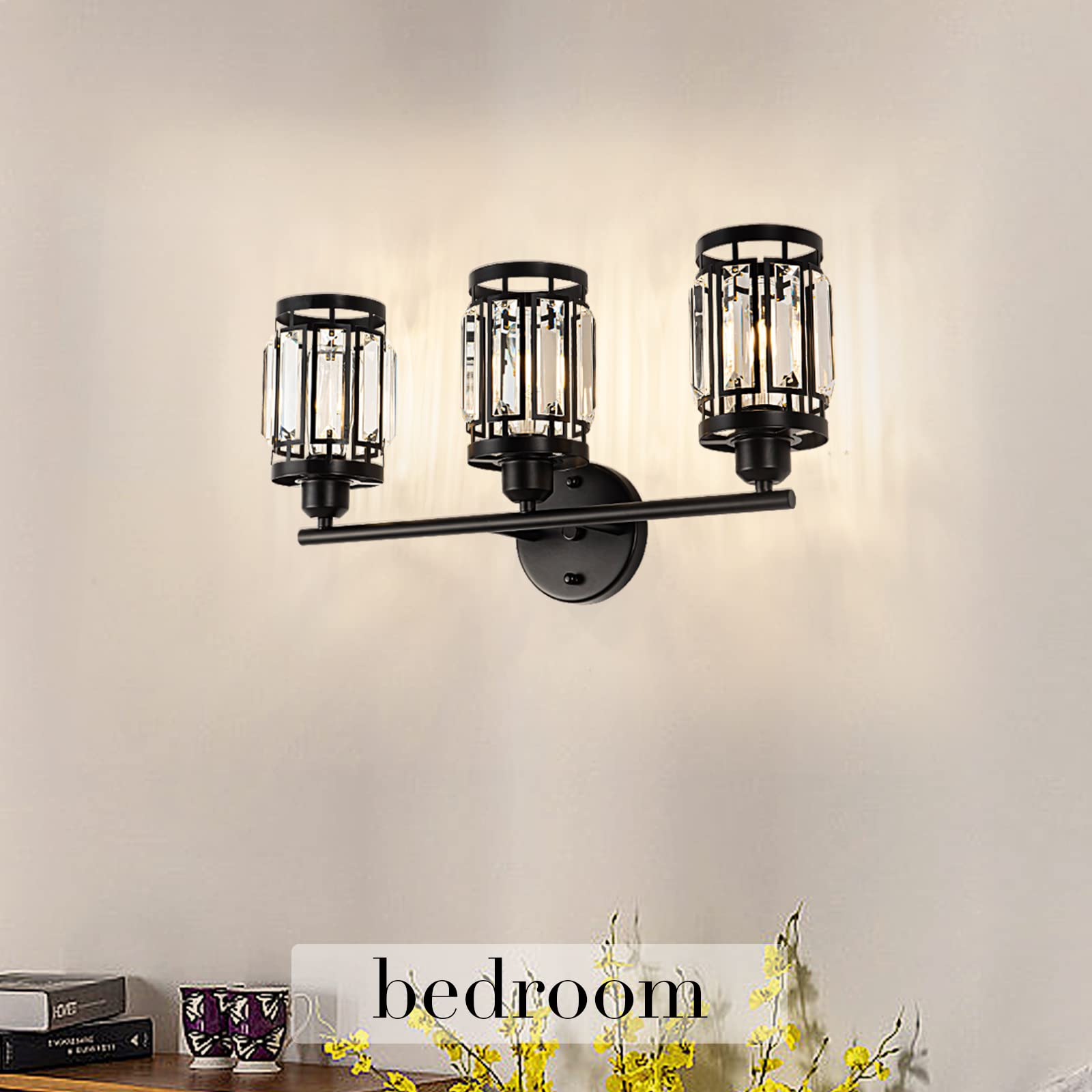 Rustic Industrial Black Vanity Light with Crystal Lampshade - 3 Light Bathroom Wall Sconce, E26 Base (Bulb Not Included) - Perfect for Modern Farmhouse, Vintage Bathroom & Dressing Room Lighting