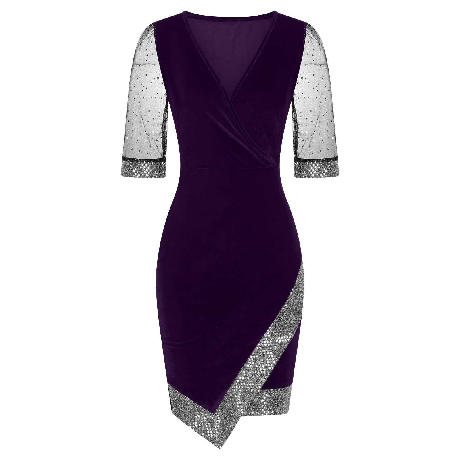 Women's V-Neck Velour Formal Pencil Midi Dress with Mesh 3/4 Sleeves - Perfect for Homecoming, Cocktail Parties & Evening Events