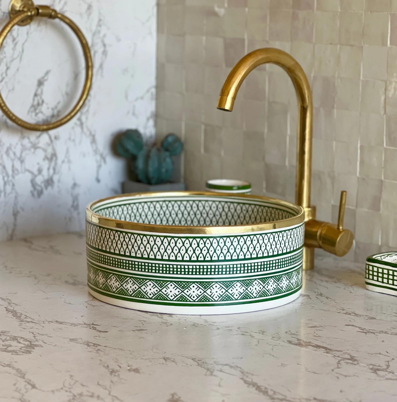 Handmade Moroccan Ceramic Sink Bowl with Brass Rim - 16 Inch (40cm) Farmhouse Bathroom Vanity Basin - Hand Painted Wash Basin for Countertop Sink - Perfect for Vintage & Boho Style Bathrooms (Includes 2 Free Gifts)