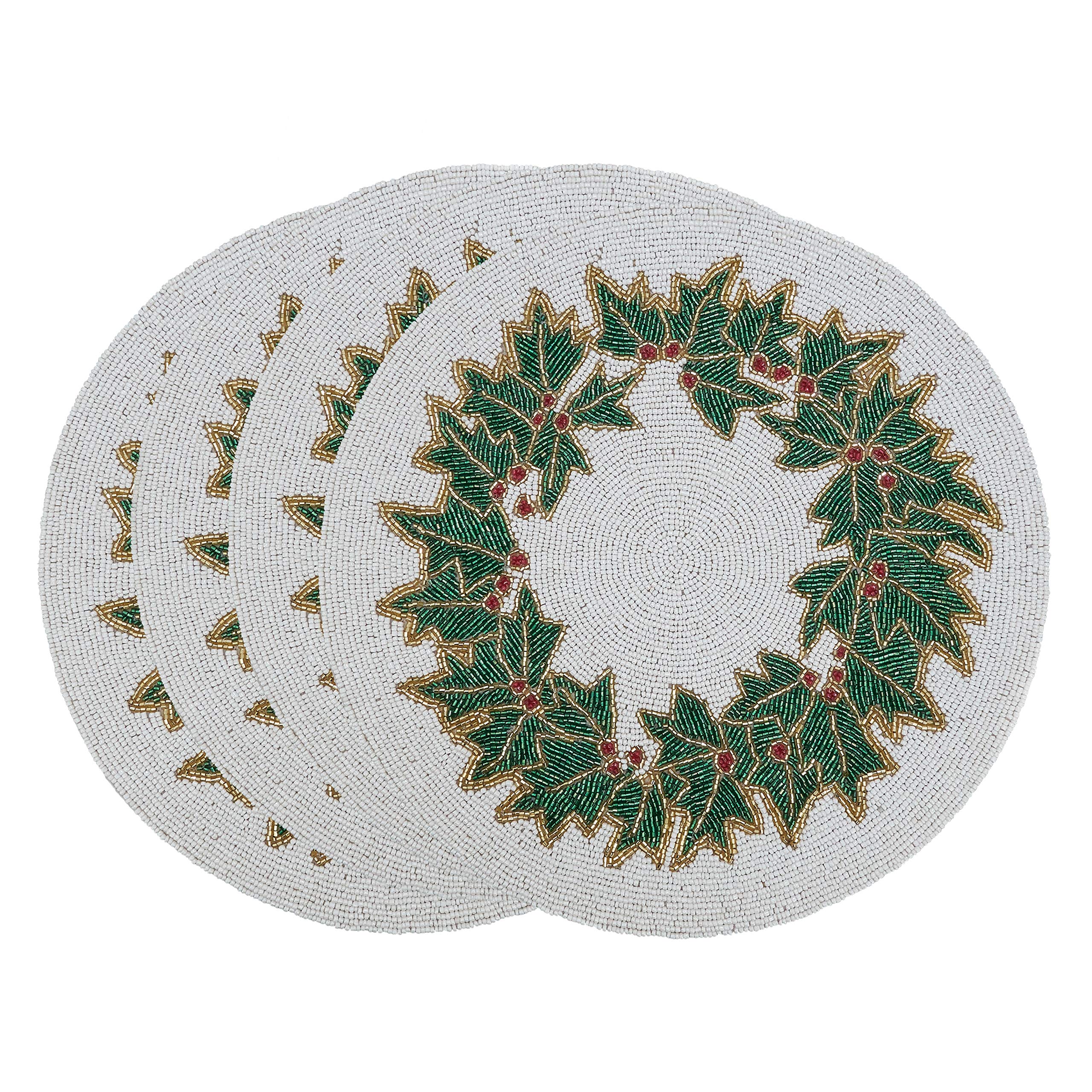 Beaded Holly Placemats Set of 4 - Elegant Christmas Table Decor for Holiday Dining & Party Settings
