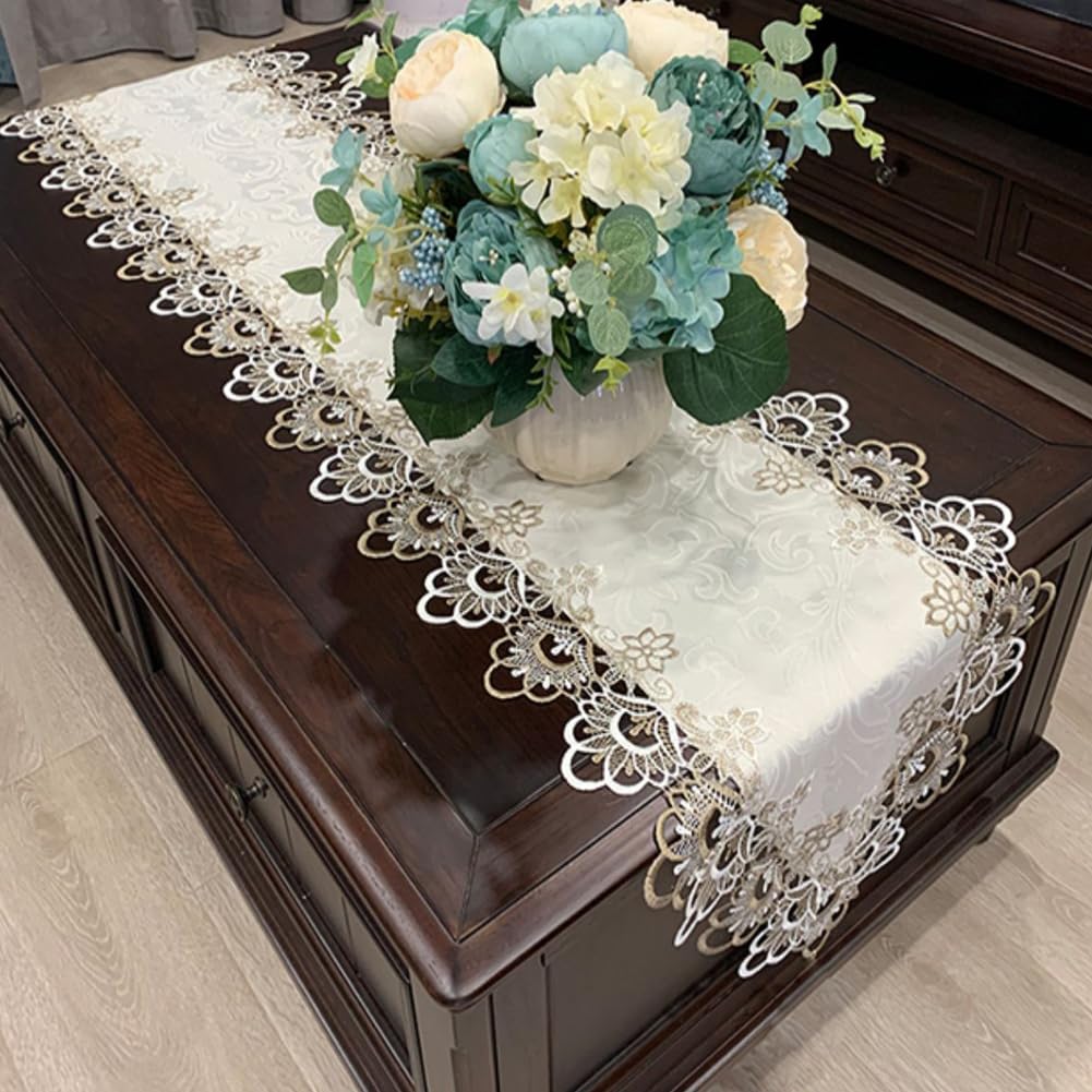 AMZALI Macrame Table Runners for Party, 70inch Lace Floral Embroidered Rectangle Table Dresser Scarf, Wedding and Home Decor, Beige & White