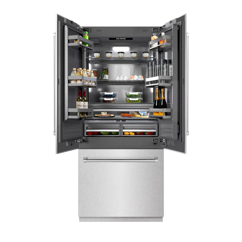 ZLINE 36 Inch 19.6 cu ft French Door Built-In Bottom Freezer Refrigerator with Water Dispenser & Ice Maker - Satin Stainless Steel Exterior & Graphite Gray Interior (GRBIV SN 36) | Perfect for Modern Kitchens, Entertaining & Large Family Homes