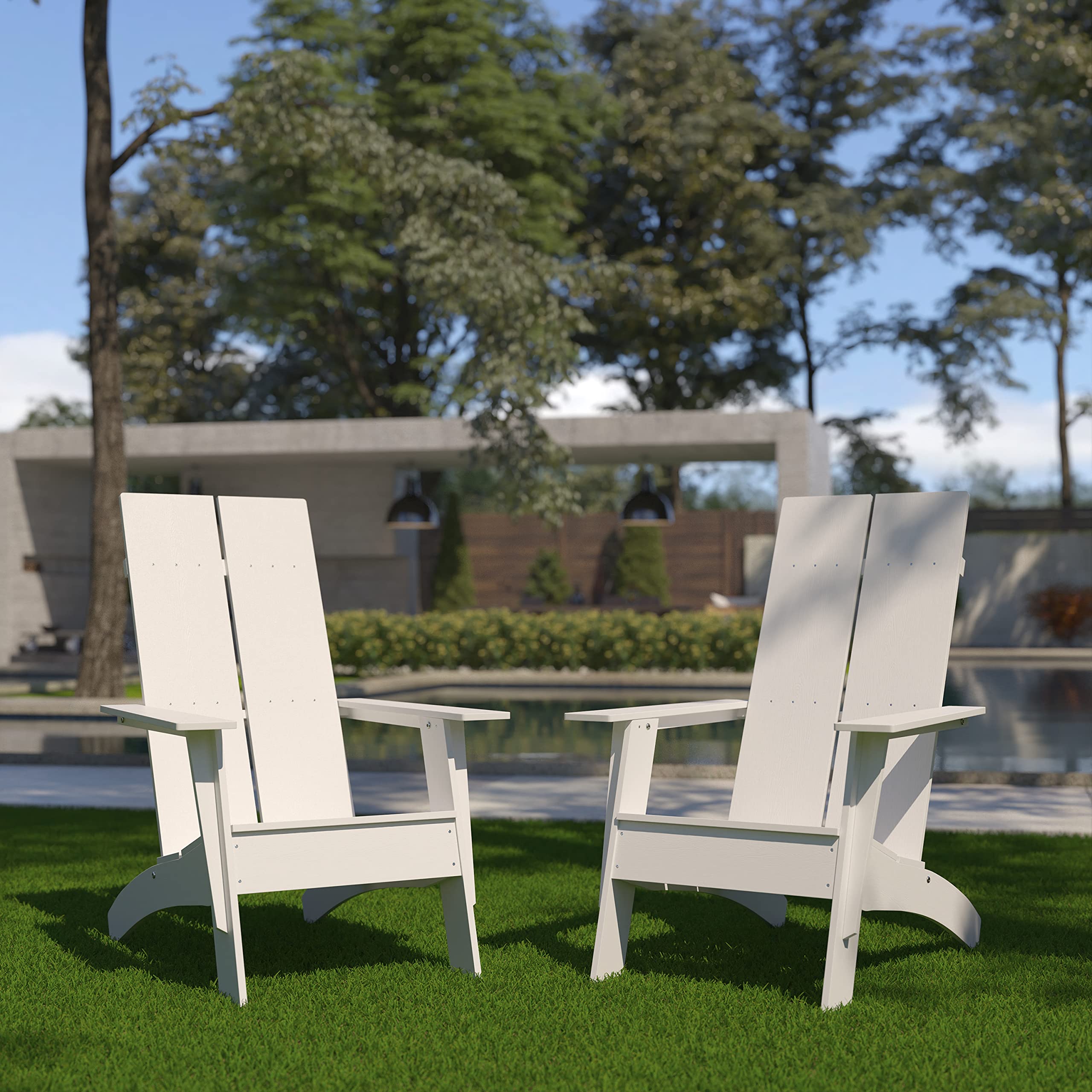 EMMA + OLIVER Set of 2 White Modern Dual Slat Back Adirondack Chairs - Indoor/Outdoor Patio Furniture for Garden, Deck, Poolside & Porch Relaxation