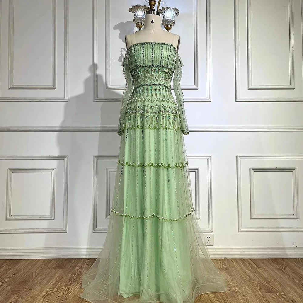 Serene Hill Dubai Arabic Sage Green Mermaid Luxury Evening Gown Beaded Party Dress for Women's Wedding 2025 LA72350 | Elegant Formal Gown for Prom, Red Carpet, Gala & Special Occasions