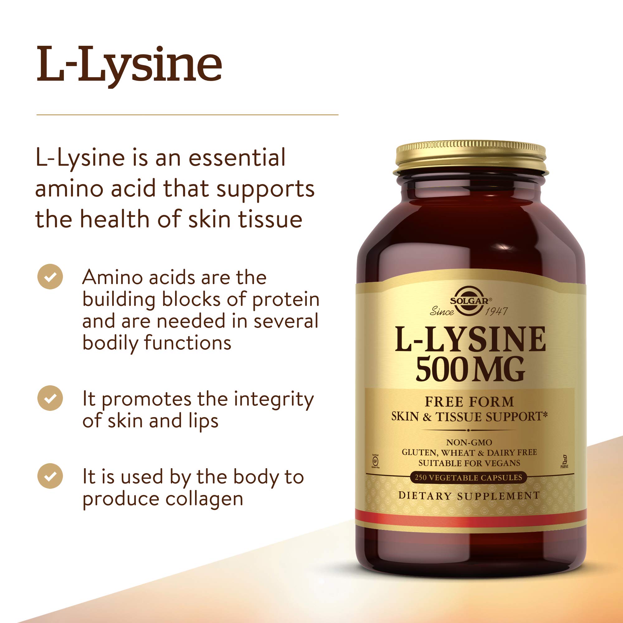 Solgar L-Lysine 500mg - 250 Vegan Capsules for Skin & Lip Health | Collagen Booster & Amino Acid Supplement | Enhanced Absorption Formula | Non-GMO, Gluten Free | Daily Immune Support for Active Lifestyles