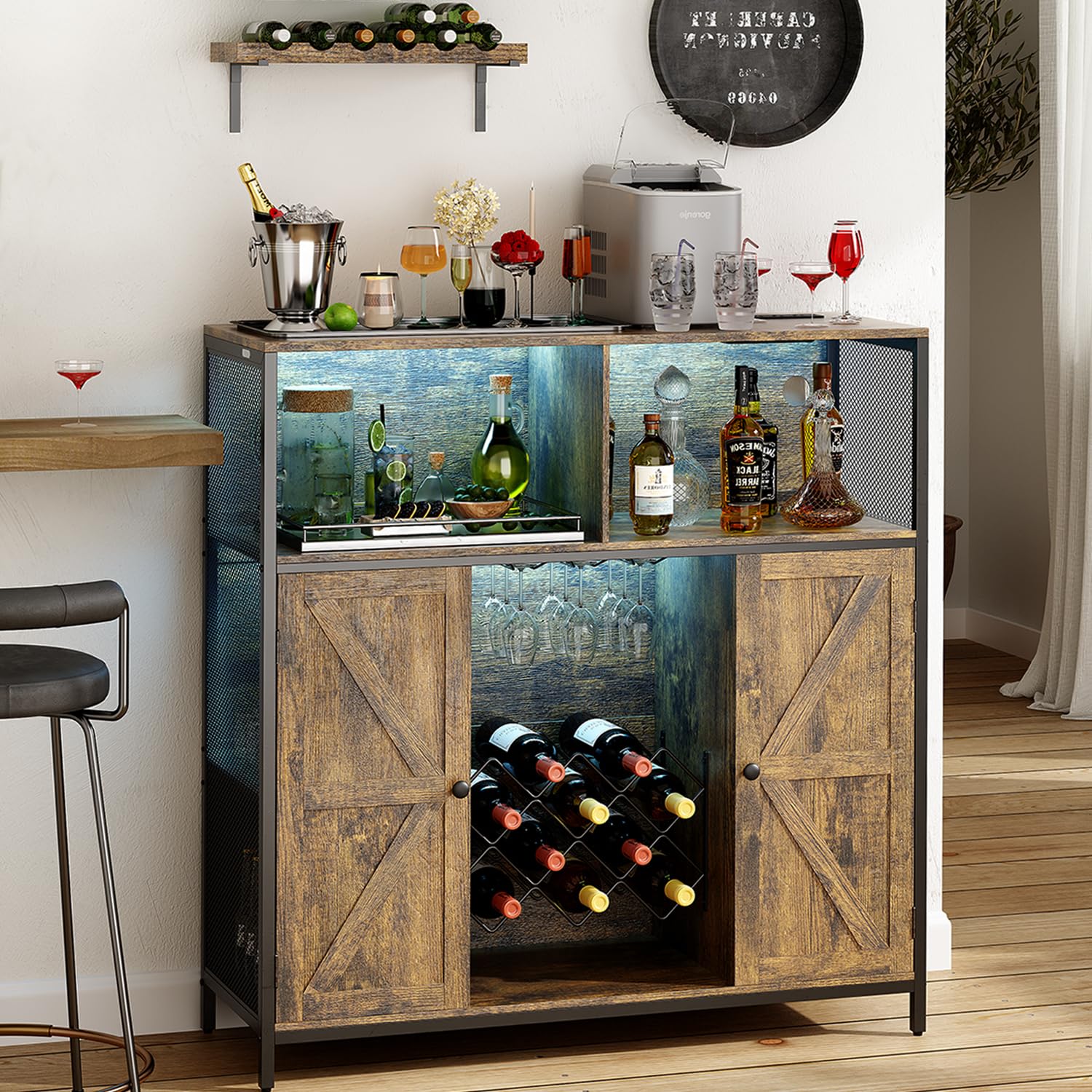 Redlife Industrial Wine Bar Cabinet with Power Outlets, LED Lights & Glass Holder - Modern Storage Buffet for Coffee & Wine Station - Perfect for Home Bar, Dining Room & Entertainment Areas