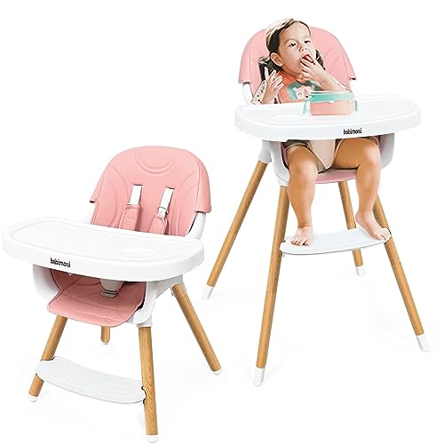 Babimoni Premium 3-in-1 Convertible Wooden High Chair for Babies & Toddlers - Adjustable Height, Dual Easy-Clean Trays, Foldable & Ergonomic Design | ASTM Certified Safe | Modern Baby Feeding & Dining Chair (Pink) | Perfect for Home, Restaurant & Travel Use