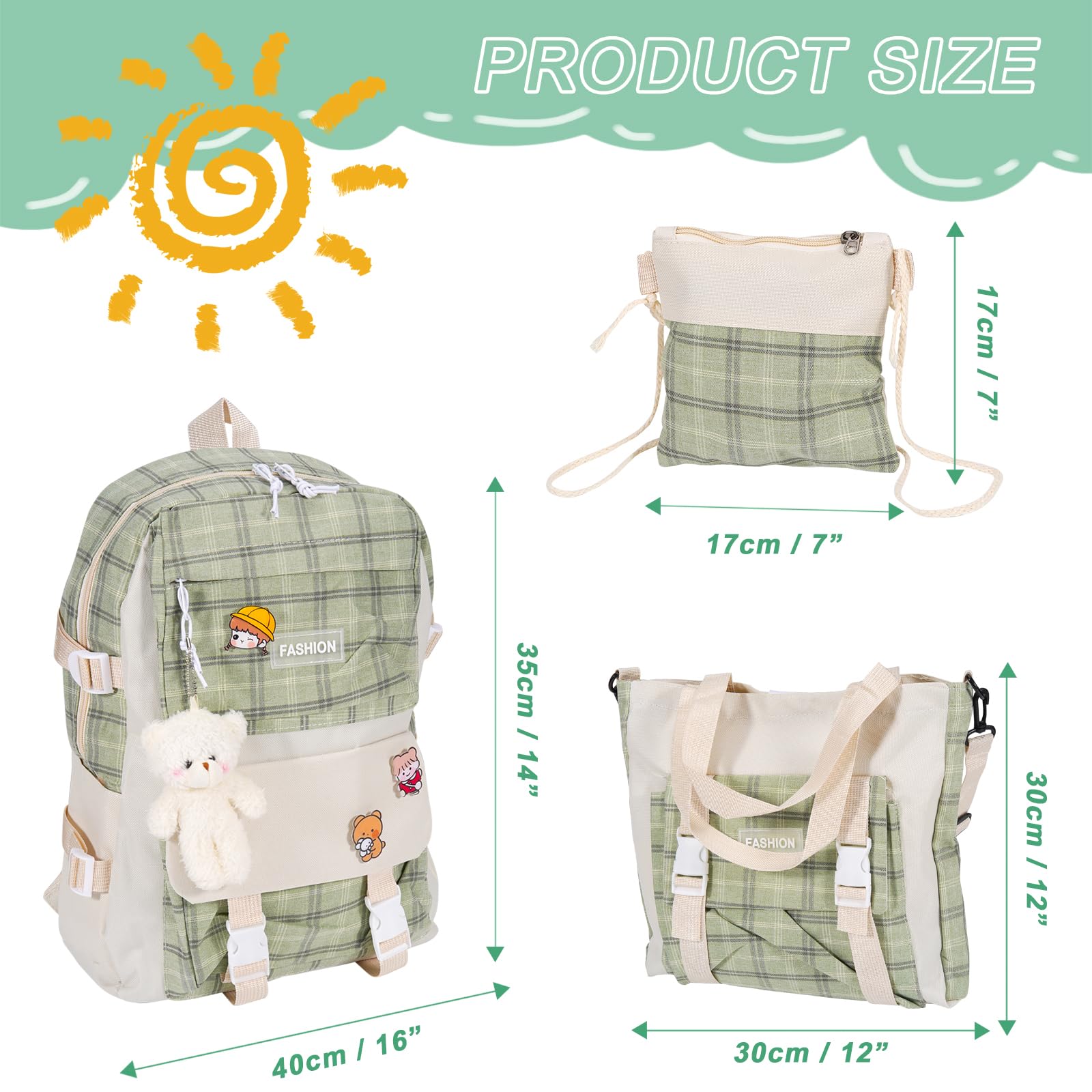 5Pcs Cute Kawaii Bear Canvas Backpack Set with Plaid Check Handle - School Backpack, Shoulder Tote Bag for Girls, Boys - Perfect for School, Travel & Daily Use