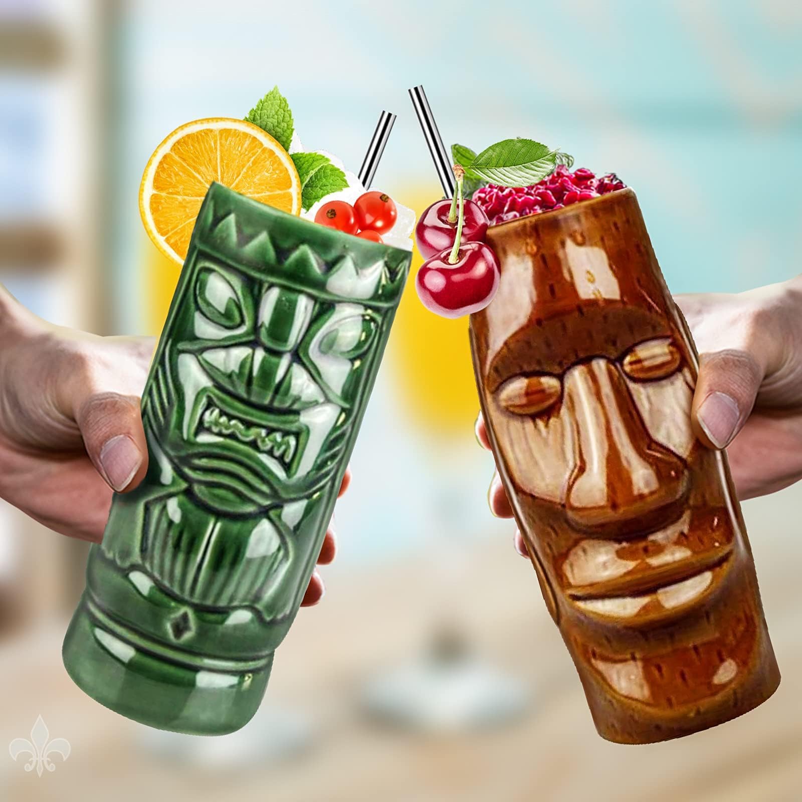 Premium Ceramic Tiki Mugs Set of 4 - Large Hawaiian Themed Cocktail Glasses for Tropical Drinks, Exotic Barware for Tiki Bars, Luau Parties & Home Decor - Perfect for Mai Tai, Pina Colada & Tropical Cocktails