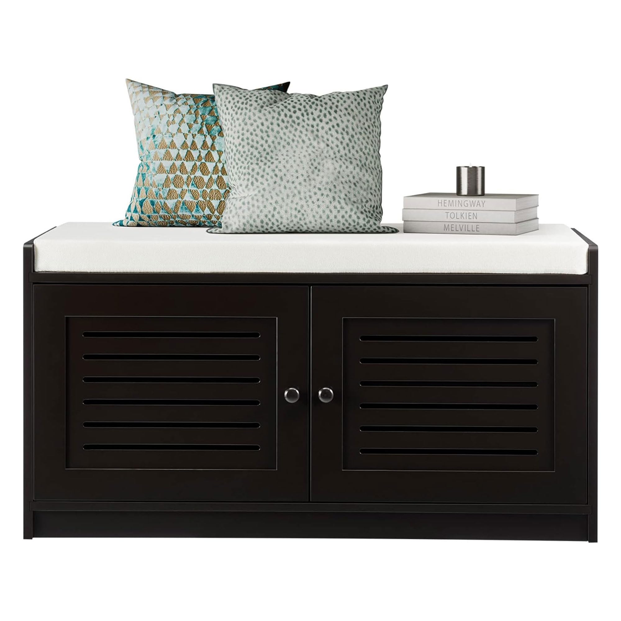 Wooden Shoe Storage Bench with Cushion & Adjustable Shelves - Entryway Organizer for Shoes, Boots & Accessories - Espresso Finish Living Room, Bedroom & Hallway Furniture for Home Decor