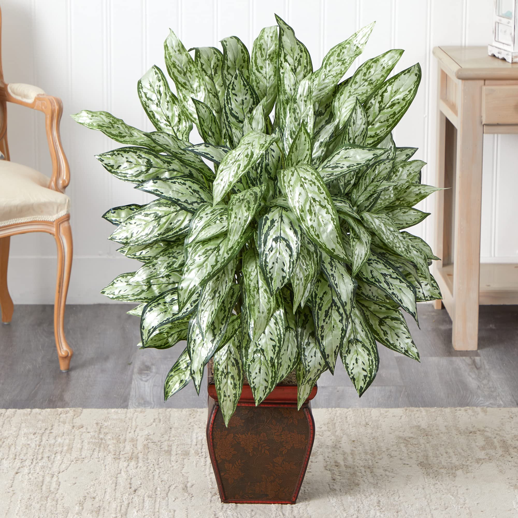 Nearly Natural Silver Queen Artificial Silk Plant in Decorative Planter - Perfect for Home Office Decor, Living Room Centerpiece & Housewarming Gift