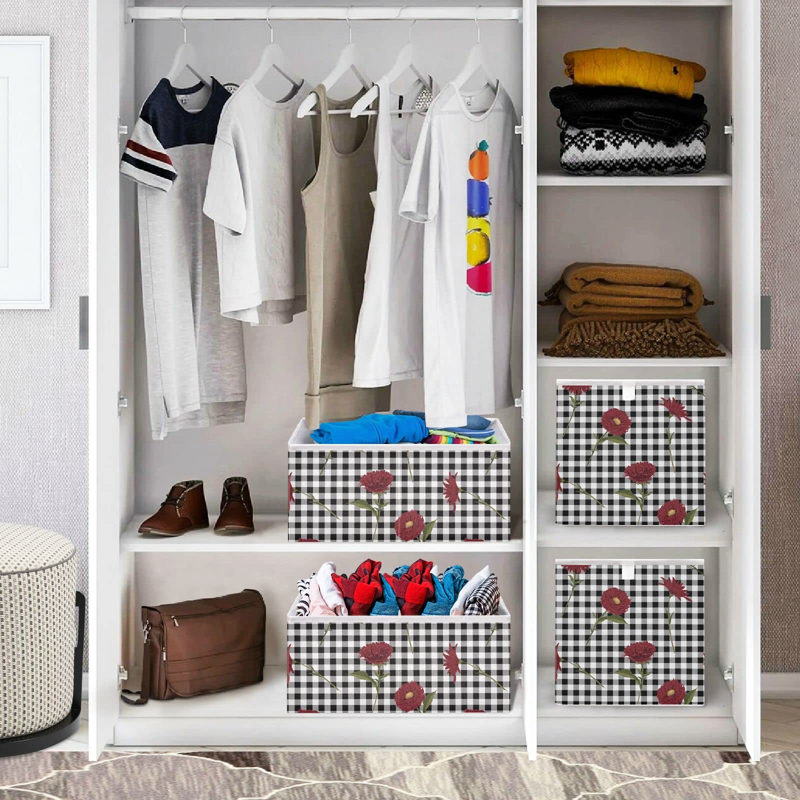 Floral Red Black White Plaid Foldable Collapsible Storage Baskets - 16 x 11 Inch Organizer Bins for Shelves, Closet, Pantry & Nursery | Perfect for Toys, Home Organization & Space Saving