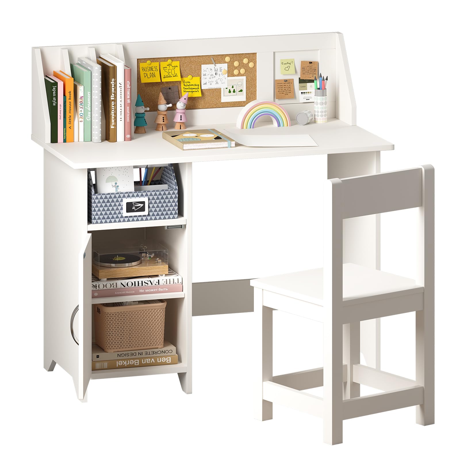 White Kids Desk with Chair - Wooden Study Table for Boys & Girls, Computer Desk with Storage Drawers, Hutch & Bookshelf - Perfect for Bedroom & Study Room (Pearl White) | Ideal for Homework, Online Learning & Creative Activities